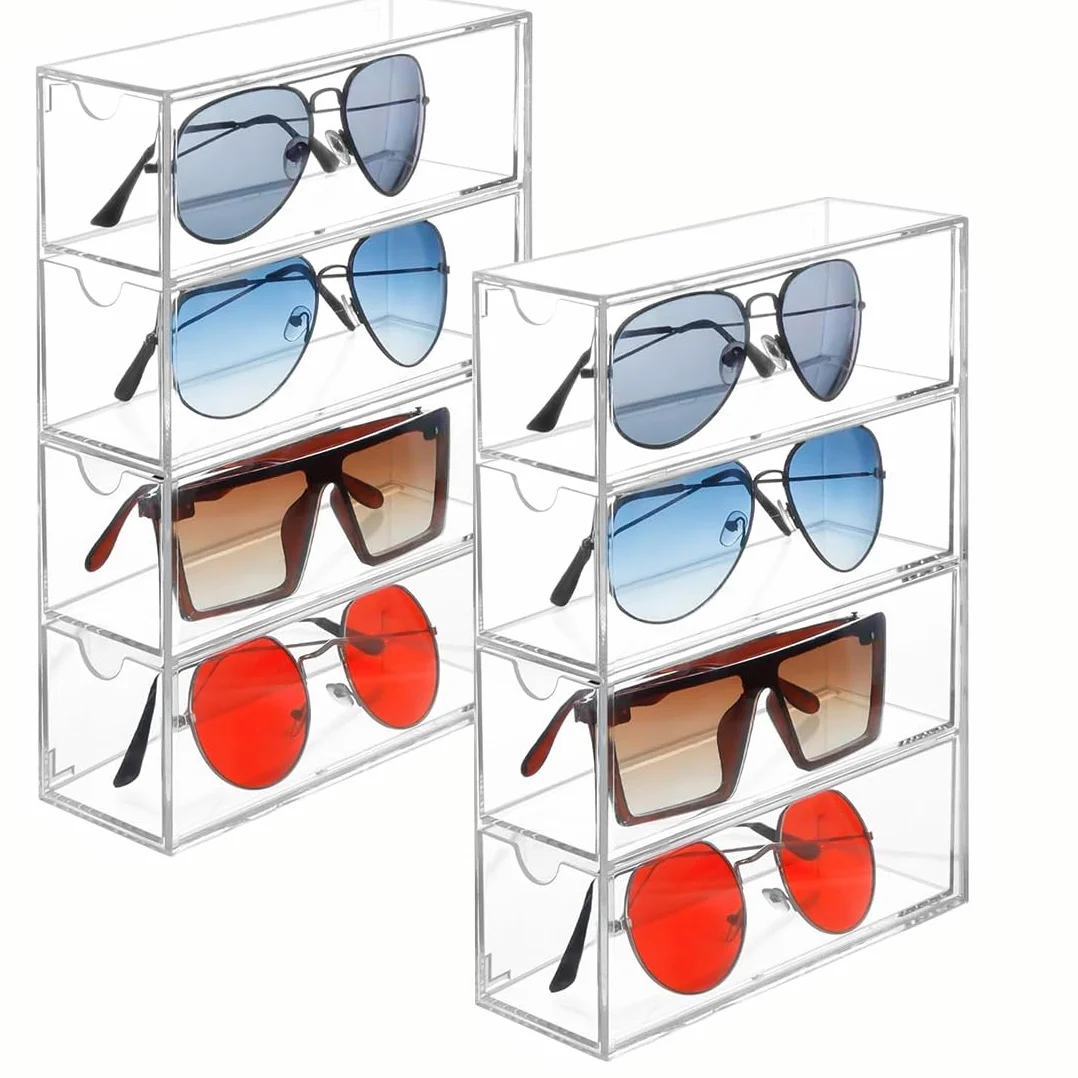 Almacenamiento de gafas de sol acrílicas - Organizador de gafas con 4 cajones para gafas múltiples, joyas, relojes - Almacenamiento de gafas de sol transparente, paquete de 2 Organizador de