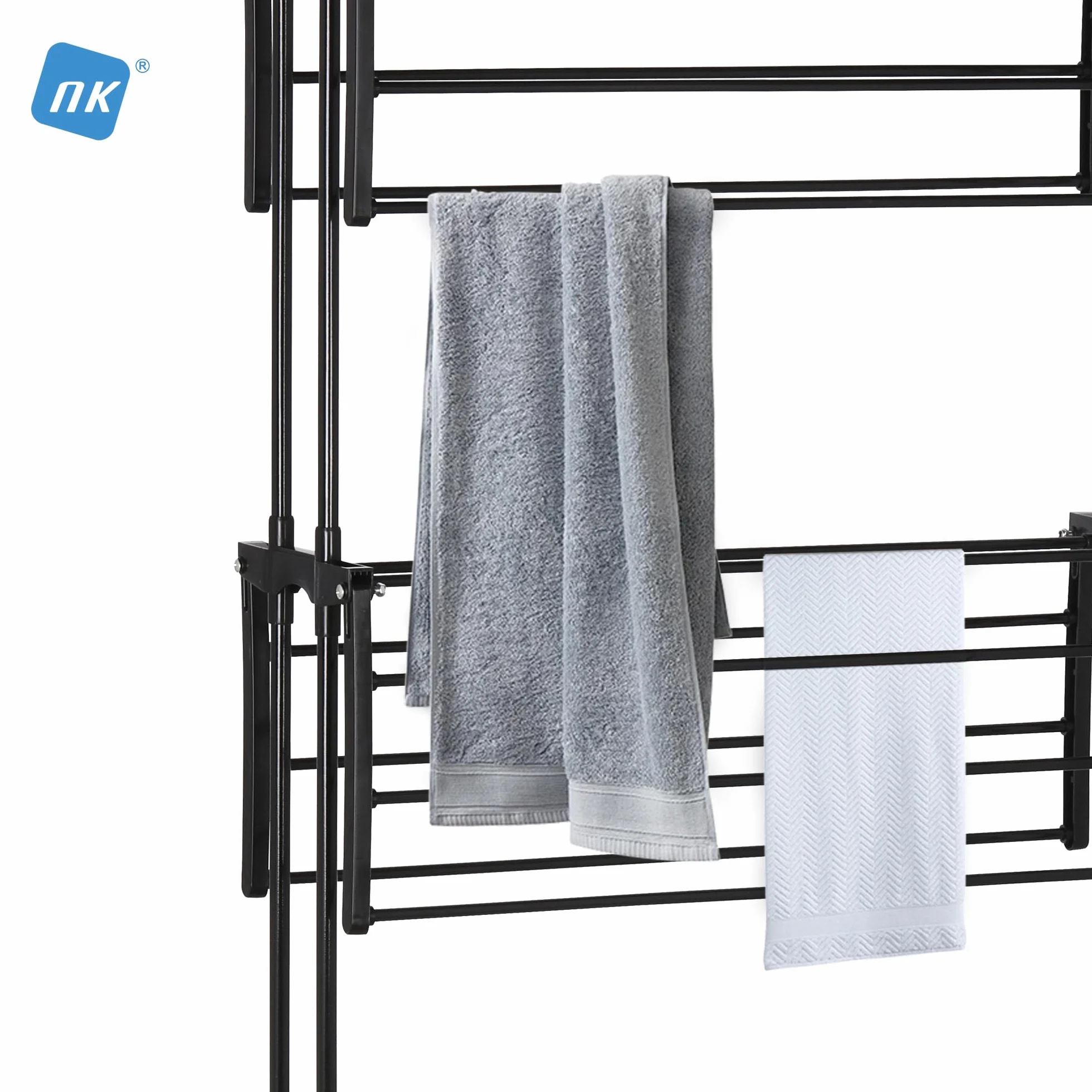 NK Tendedero Vertical Plegable 4 Niveles 6 Bandejas Retráctiles 2 Alas Laterales Zapatero Ruedas 360° Negro