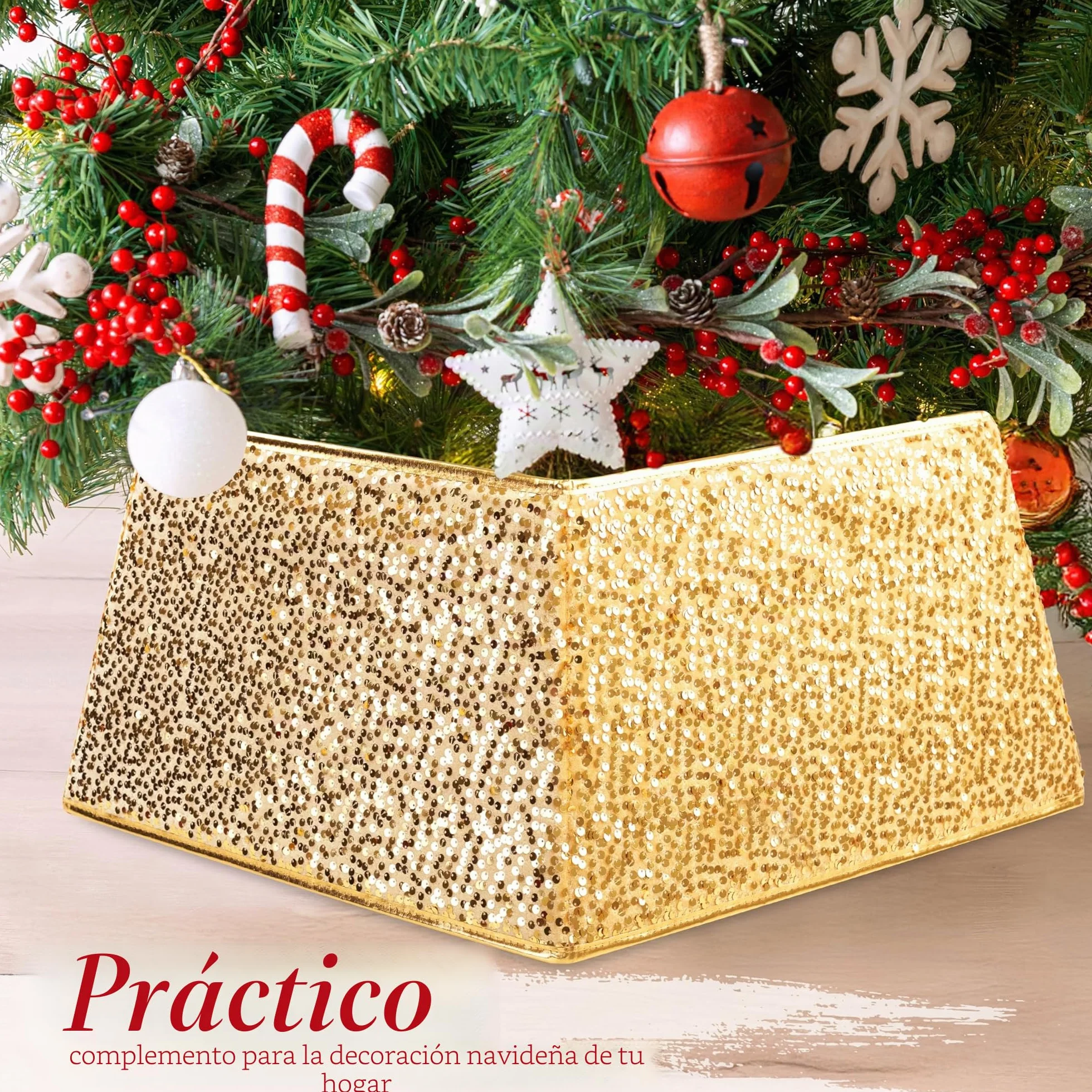 DECO EXPRESS Falda para Árbol de Navidad con Lentejuelas 68x85 cm, Cubre Árbol Hexagonal con Cierre de Velcro