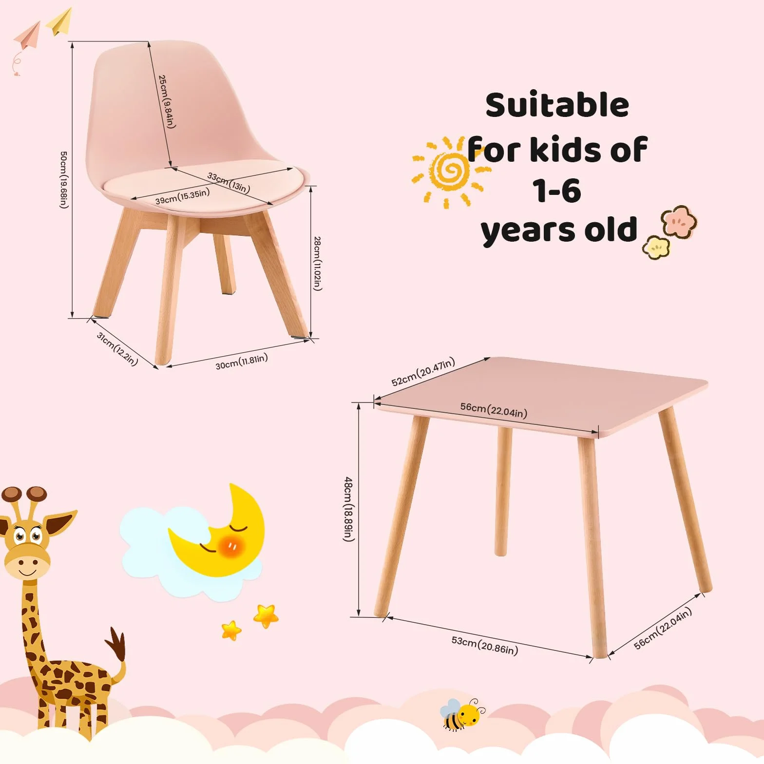 EGGREE Silla Infantil con Patas de Madera, Altura Asiento 33 cm, Rosa