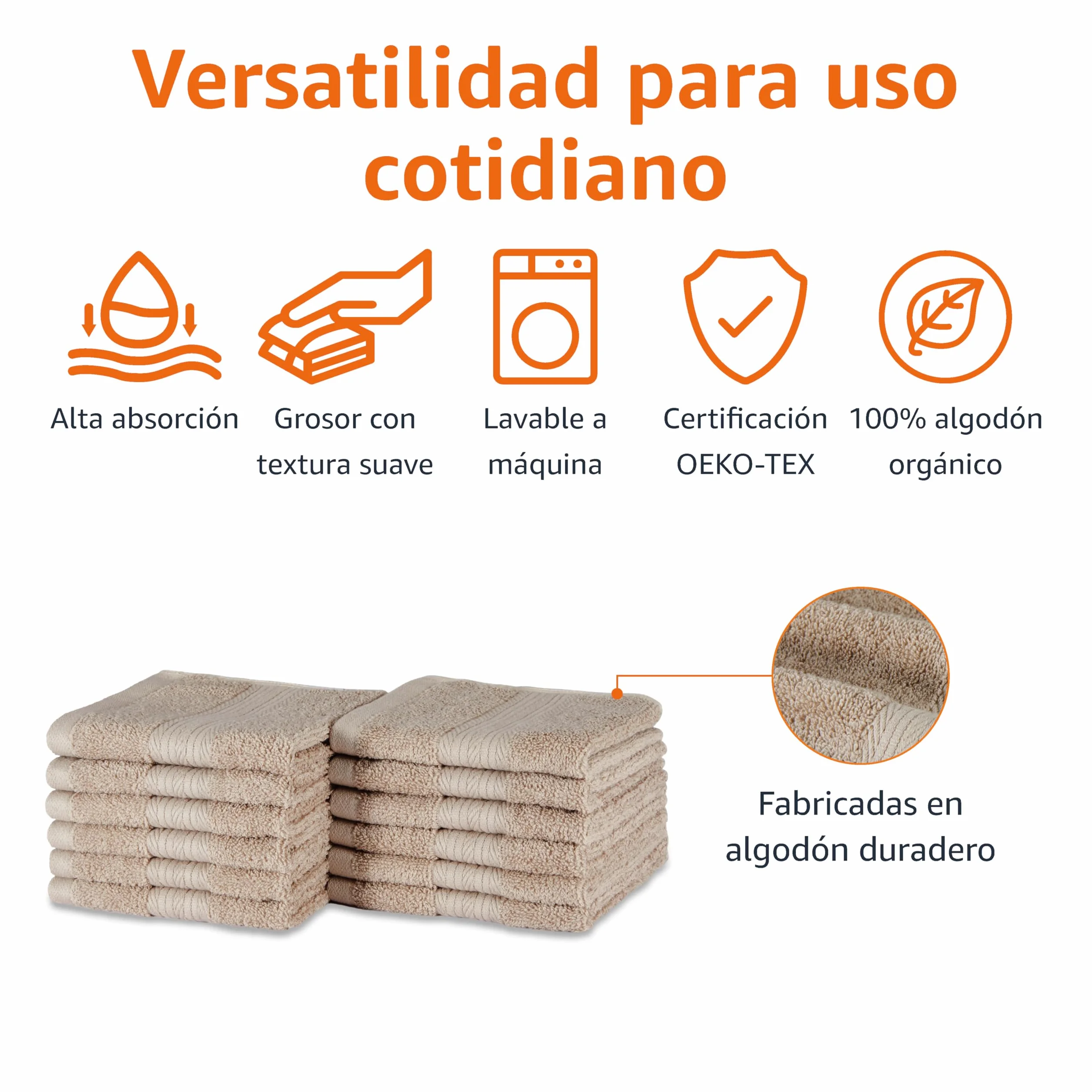 Amazon Basics Juego Toallas Baño 100% Algodón Orgánico 30x30 cm, Gris Pardo, Pack 12