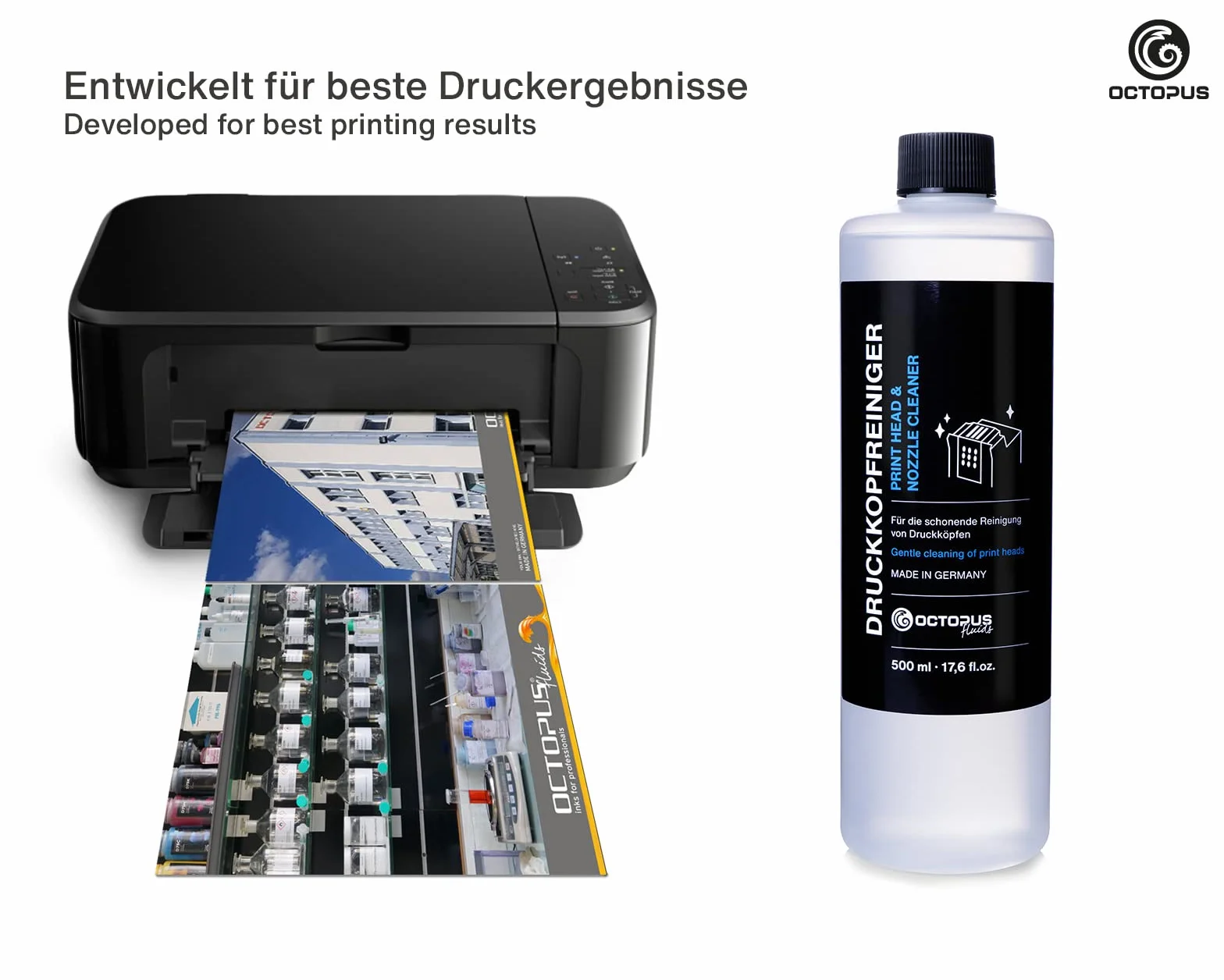 Limpiador de boquillas Octopus 500 ml, limpiador de cabezales de impresión compatible con los cabezales de impresión Epson con adaptador de manguera