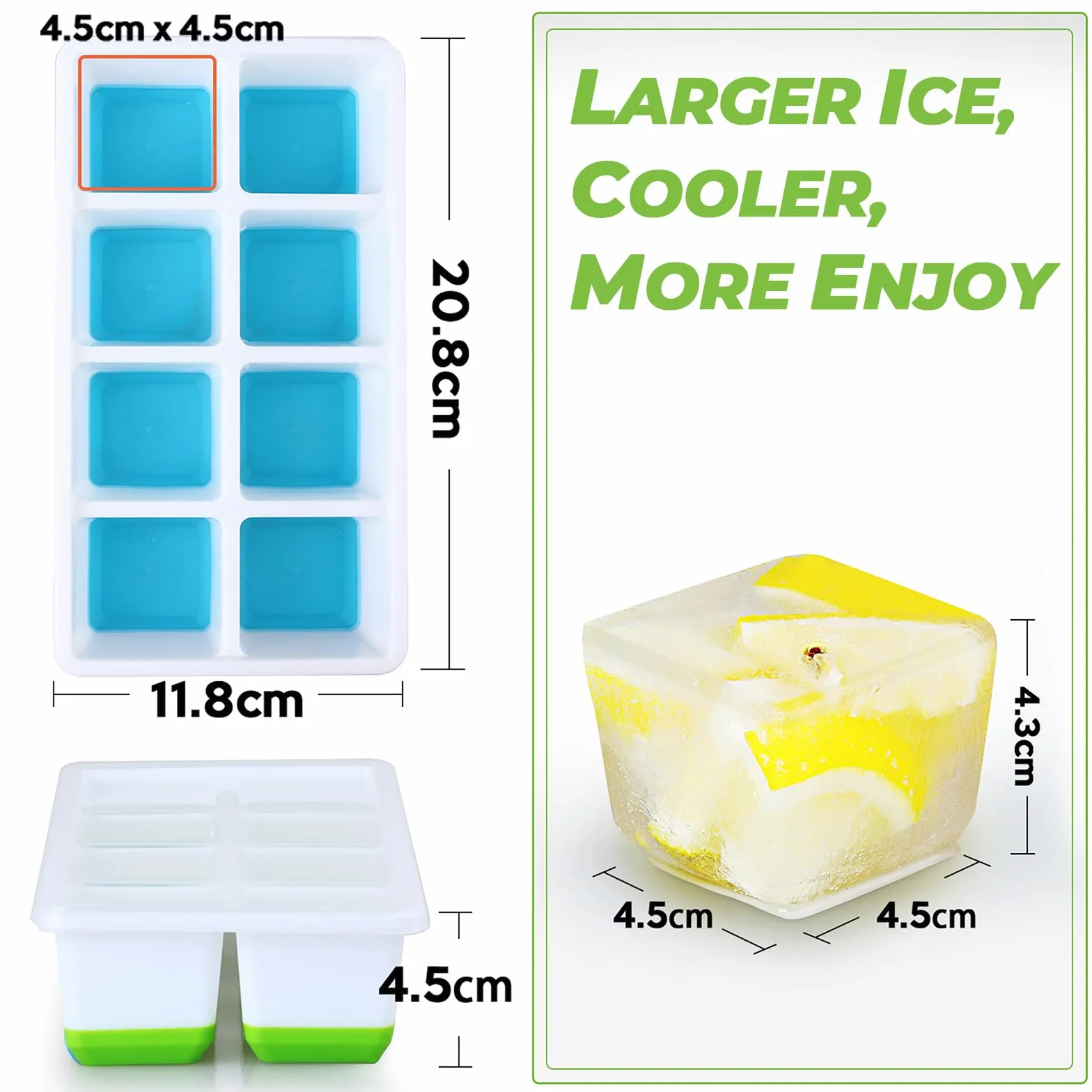 JRISBO Cubiteras para Hielo Grande 2 Piezas, Silicona con Tapa sin BPA Apilables Moldes de Hielo para Cóctel Whisky (Azul + Verde)