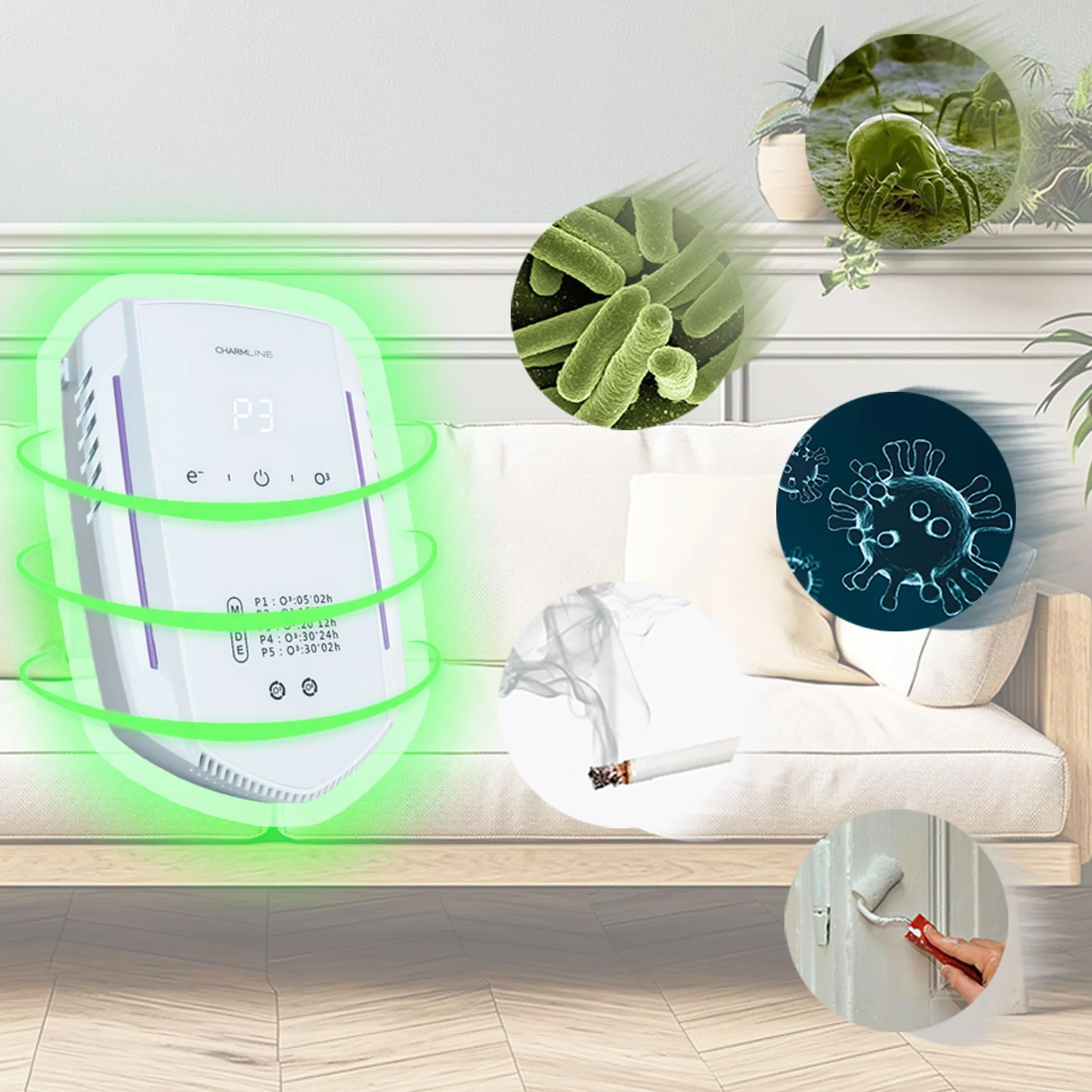 Charmline Purificador de Aire con Ozono e Iones Negativos, Eliminador de Olores, Generador de Ozono para Hogar
