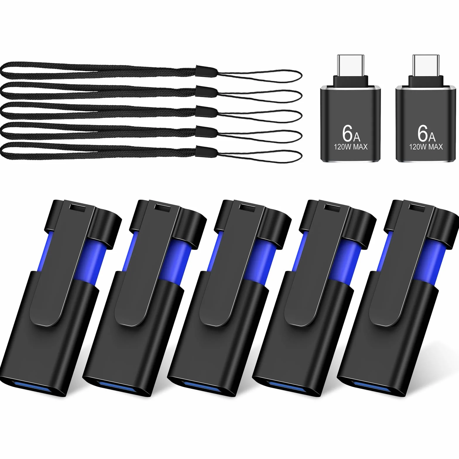 TEWENE Paquete de 5 unidades flash USB 3.0 de 32 GB (y 2 adaptadores tipo C) con clip único retráctil, unidad de memoria USB para transferencia de datos, 32 GB, color azul
