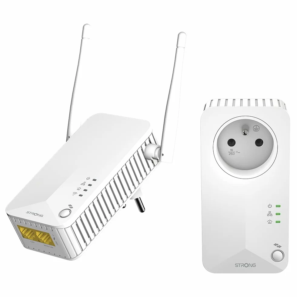 STRONG AV600 Adaptador Powerline Set con Enchufe, PLC HomePlug AV2, Plug & Play, Enchufe Integrado, Modo de Ahorro de Energía, Puertos LAN 100 Mbit/s, Internet por Red Electrica, Crema