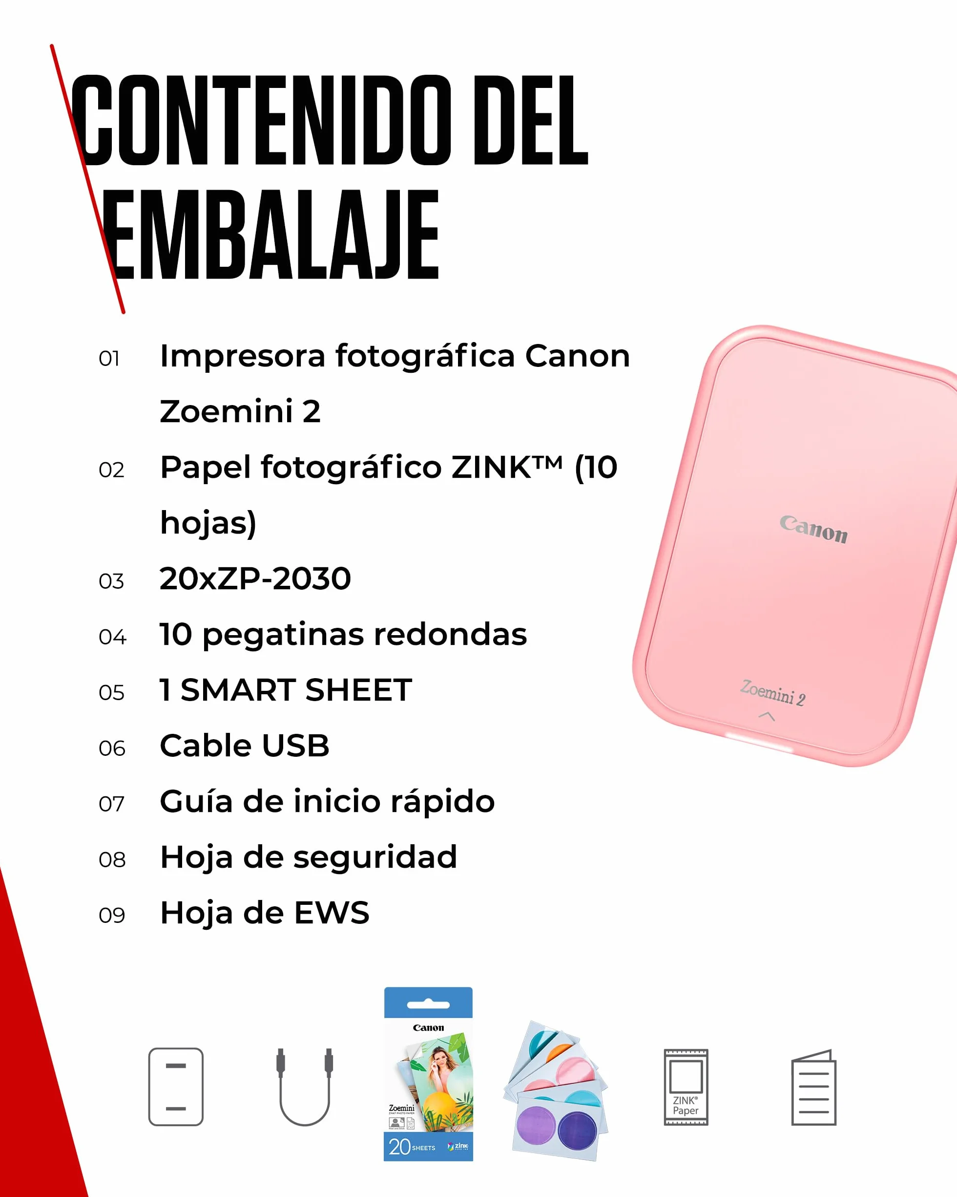 Canon Kit Zoemini 2 Impresora fotográfica + Papel fotográfico Zink 20 Piezas + Papel ZP-2030 (20 Hojas) + 10 Adhesivos Circulares (para Smartphone, USB C, Bluetooth, impresión móvil) Oro Rosa