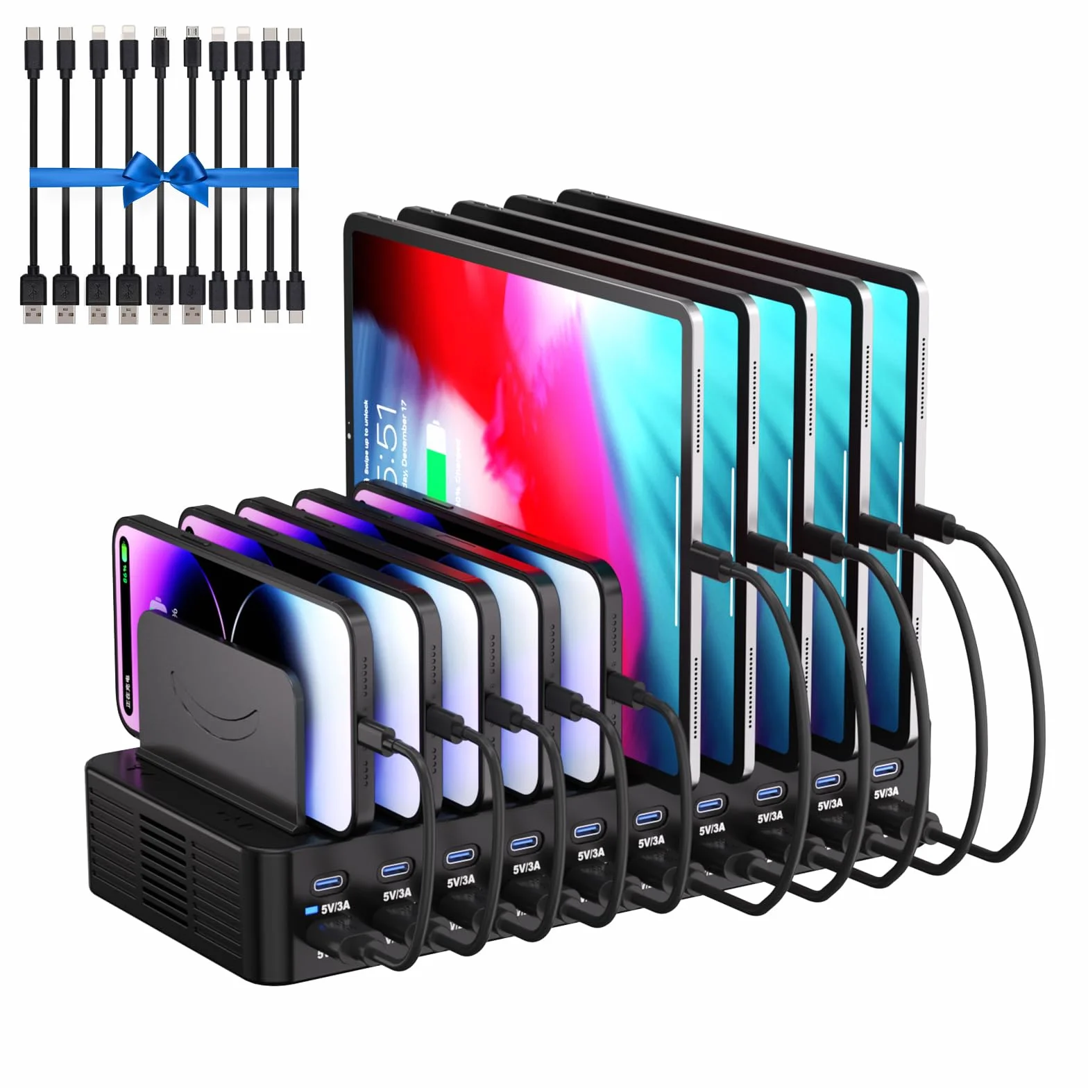 Estación de carga de 270 W para múltiples dispositivos, estación de carga rápida USB de 20 puertos con divisores ajustables y 10 cables, base de carga organizadora de múltiples dispositivos para