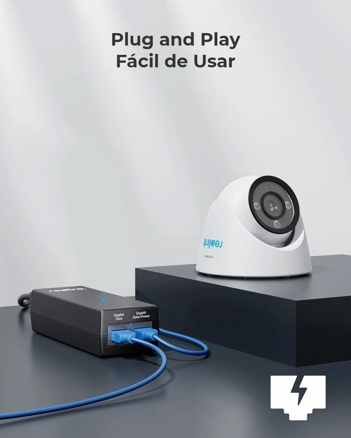 Reolink Gigabit inyector PoE, alimenta con PoE+ (30 W) o PoE (15,4 W), Distancia de hasta 100 m, Plug & Play, Adecuado cámaras PoE/Video Doorbell PoE