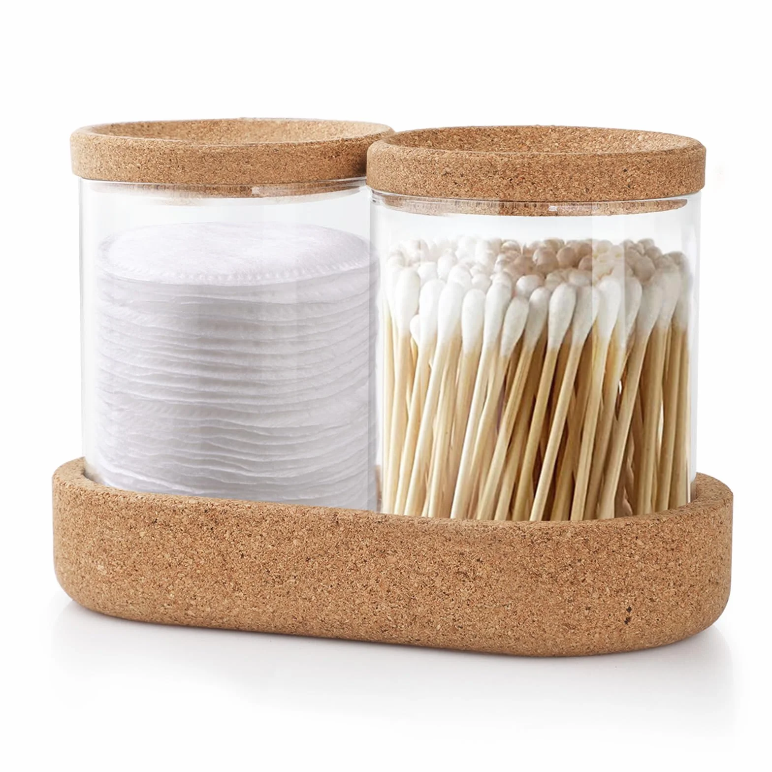 2 Piezas Soporte para Bastoncillos, Vaso Bathroom Organizer con Bandeja para Bastoncillo de Algodón, Algodón Limpiador - Transparente