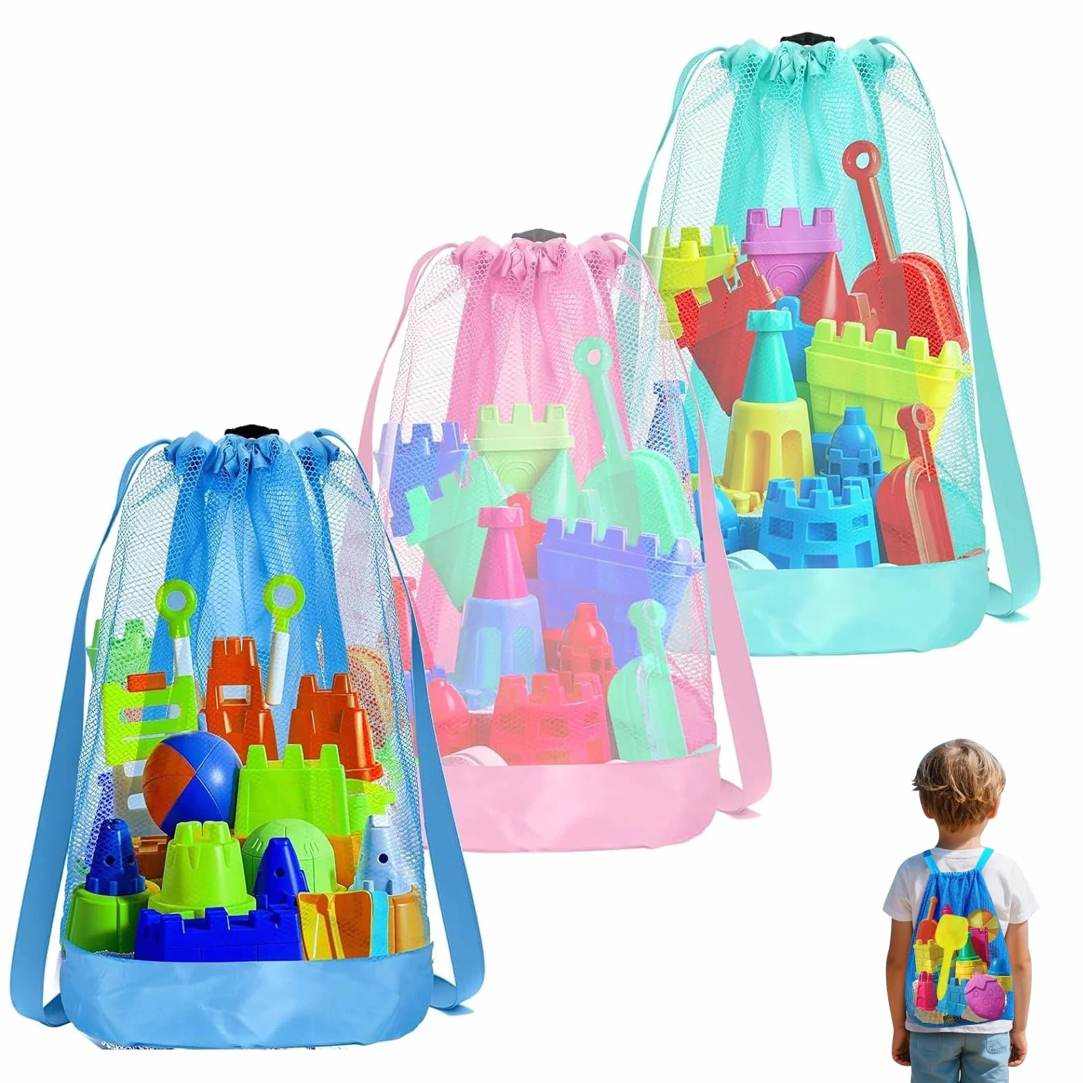 3 Piezas Bolsa de Juguetes de Playa,Bolsas de Malla para la Playa,Mochila Plegable para Juguetes Acuáticos para Niños Vacaciones Familiares Viajes A La Playa Juguetes