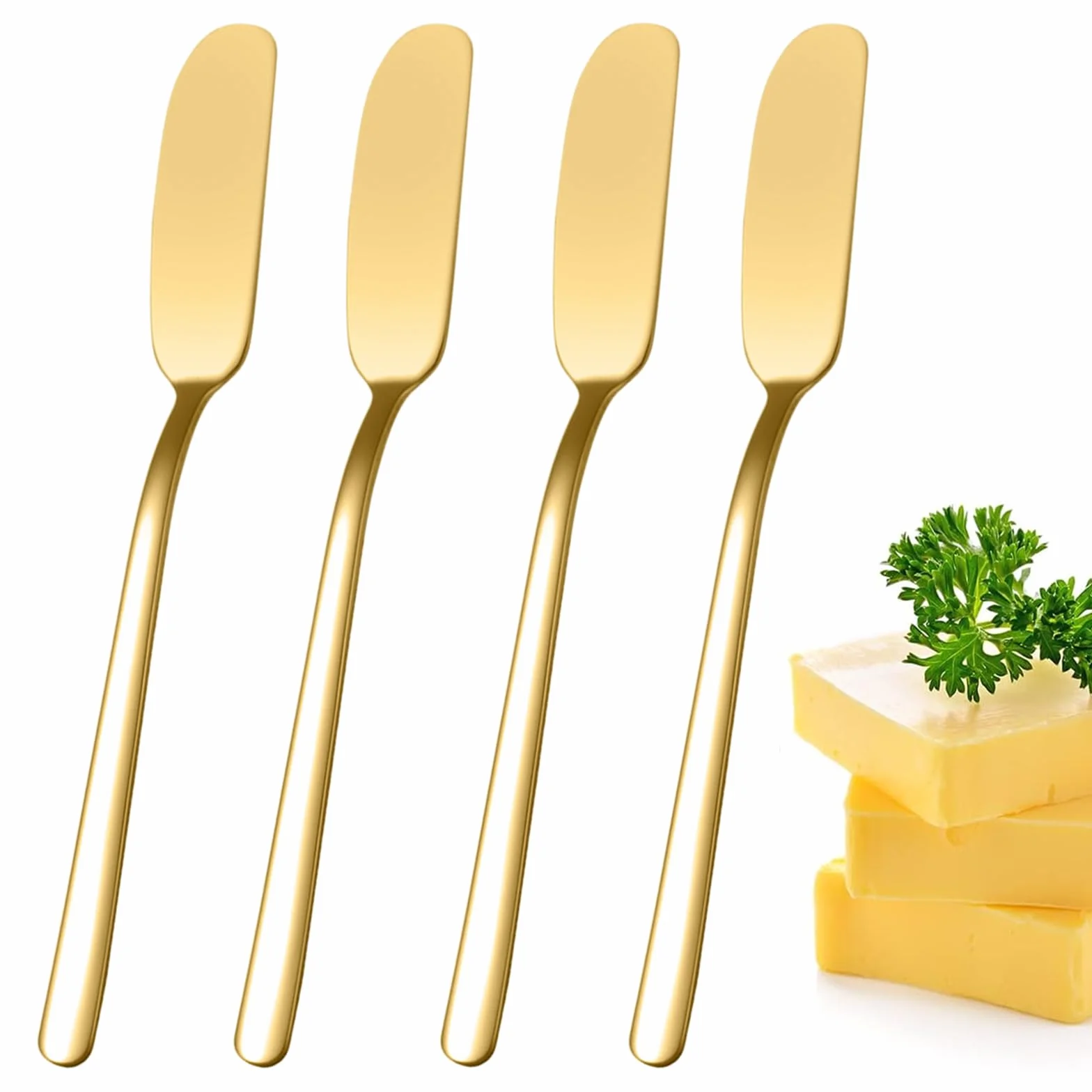 DabbOo 4 Cuchillo Mantequilla Cuchillo de Mantequilla de Acero Inoxidable Butter Knives de Diseño Moderno cuchillo untar Aptos para Lavavajillas Utensilios de Cocina y Comedor (Dorado)