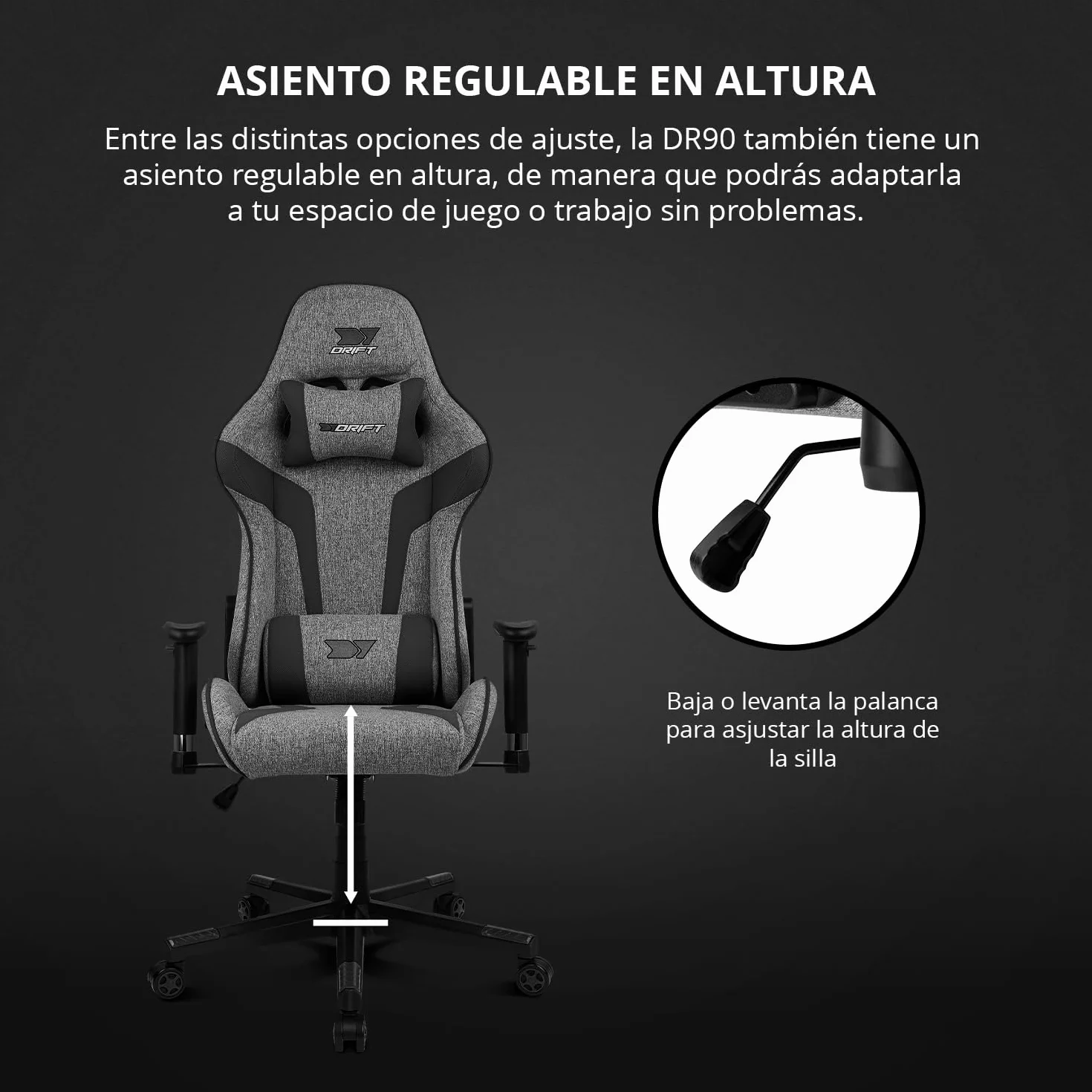 DRIFT GAMING DR90 Silla Gaming Ergonómica Respaldo Reclinable 135° Brazos 2D Ajustables Tejido Transpirable Base Nylon Pistón Gas Clase 4 Gris/Negra