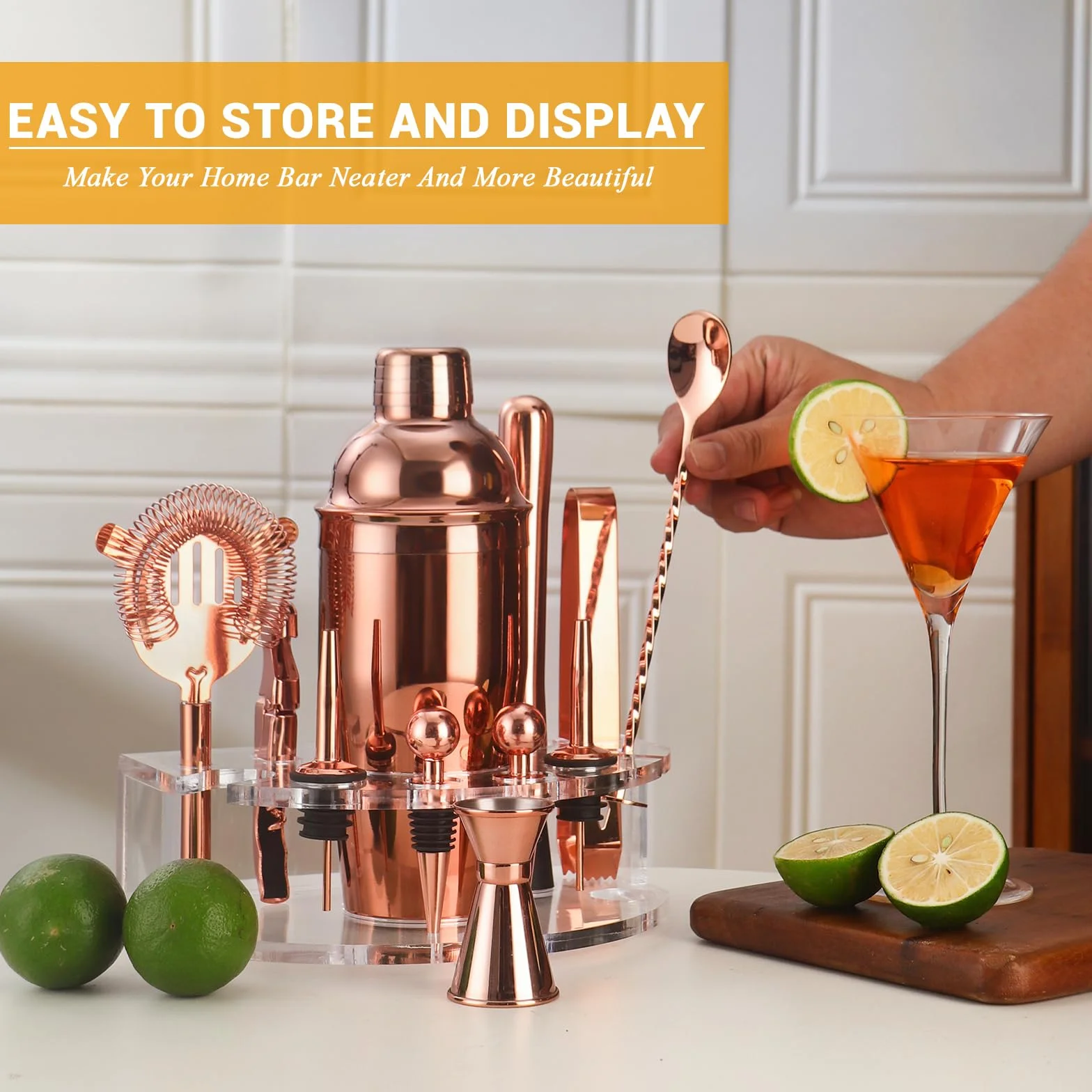 Juego de Coctelera de Acero Inoxidable con 12 Piezas, Kit de Bar Profesional (Oro Rosa)