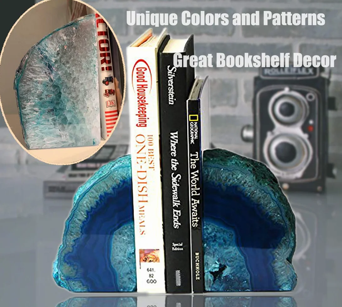AMOYSTONE Agate Geode Bookends Heavy Duty Stone Book End Decorative Holder Home Office Decor 1 Pair 2-3 LBS