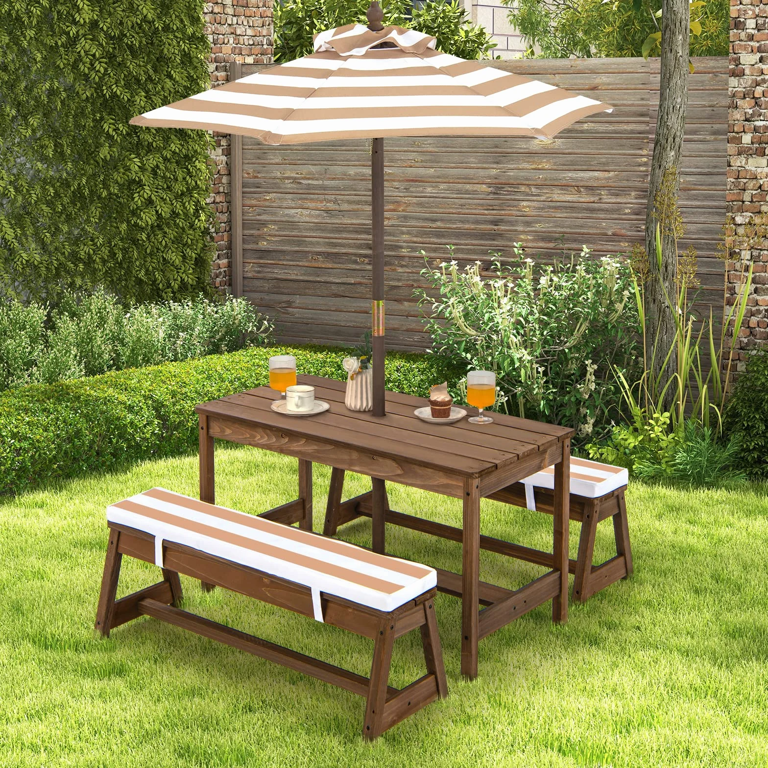 KOMFOTTEU Juego de Muebles Infantiles con Sombrilla, Mesa y 2 Bancos de Madera de Abeto para Jardín (Marrón)