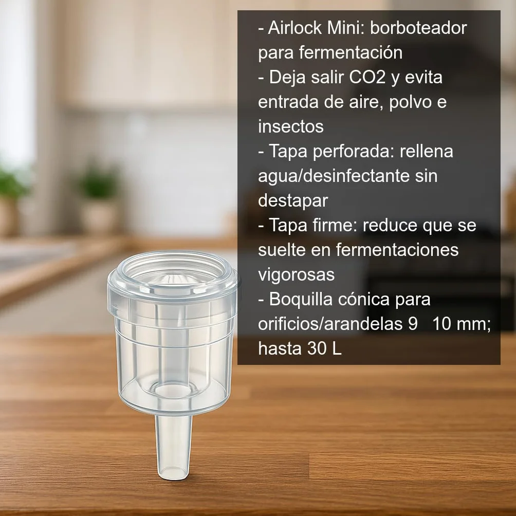 Cocinista Airlock Mini Borboteador Fermentación Cerveza Artesanal Vino Sidra Hidromiel Válvula Antirretorno CO2 Tapa Perforada 9-10 mm 30 L
