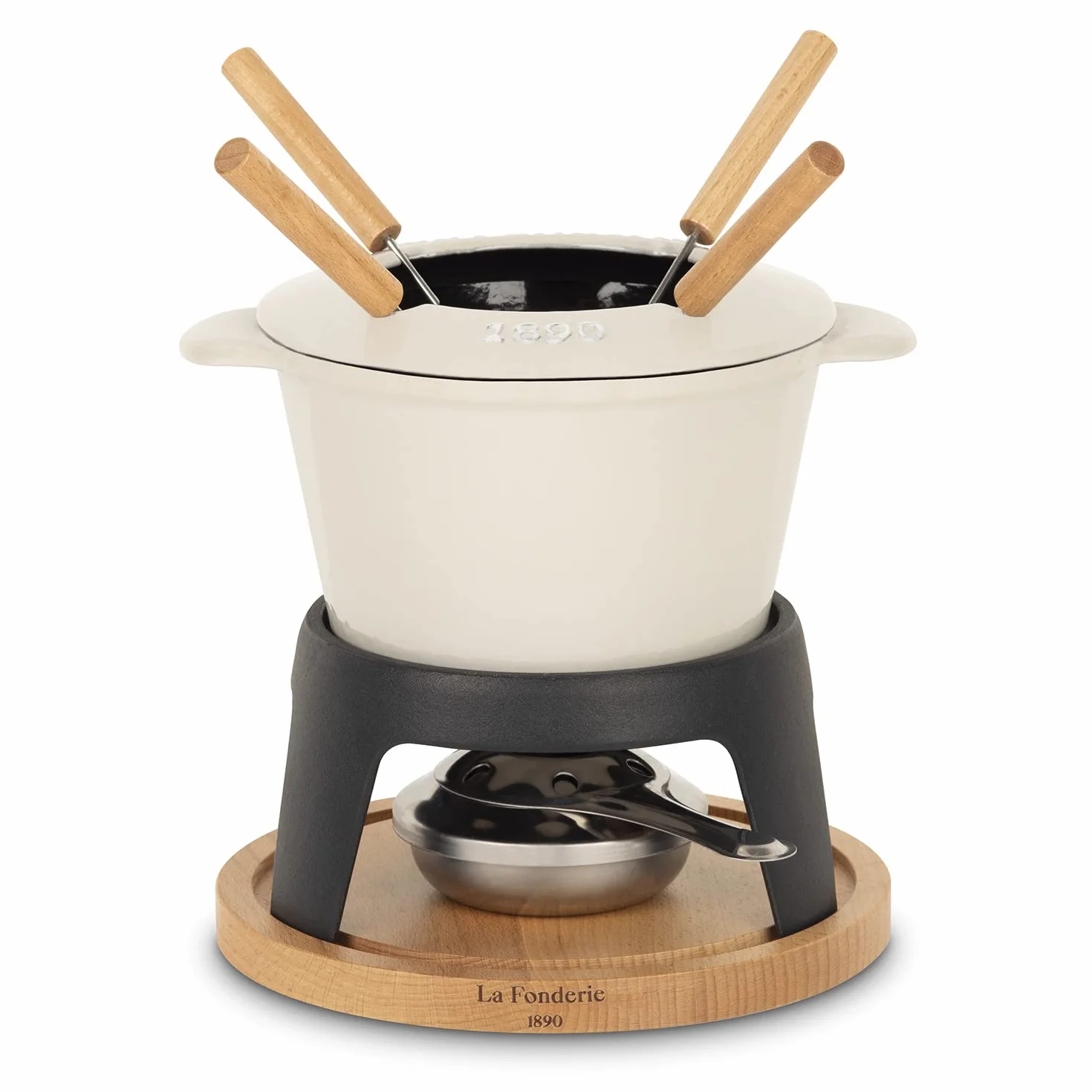 Fondue de Hierro Fundido para 4 Personas Mont Joly, para Fondue de Queso y Chocolate, Tapa antisalpicaduras, 4 Tenedores con Mangas de Madera de Haya, Capacidad de 1,2 l