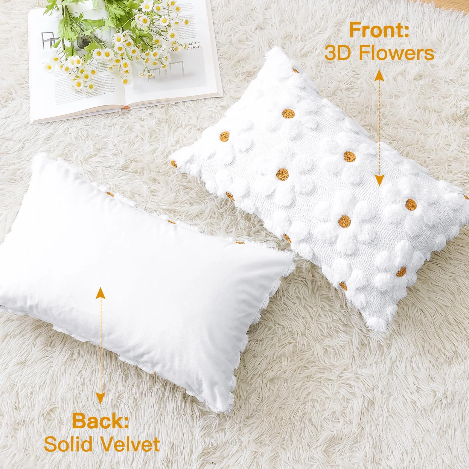 Artscope Fundas de Cojines de Terciopelo Primavera y Verano 40x60cm Flores Blanco