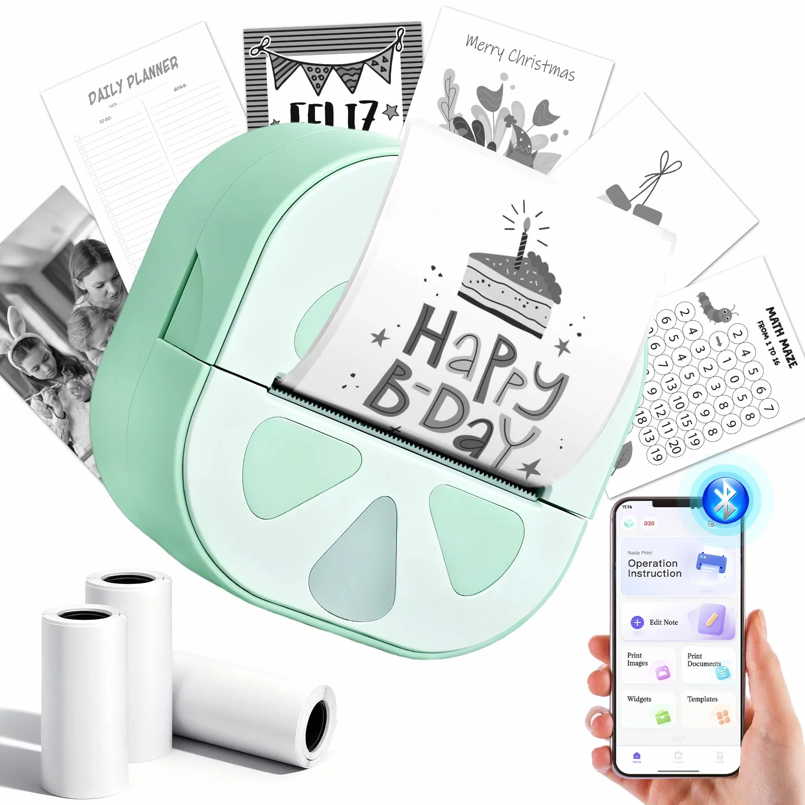 Mini Impresora Térmica,Impresora Fotos Portátil Bluetooth Inalámbrica Cable USB Compatible con iOS y Android Impresora Pegatinas con 3 Rollos de Pape para Fotos Notas Pegatinas Móvil Regalos