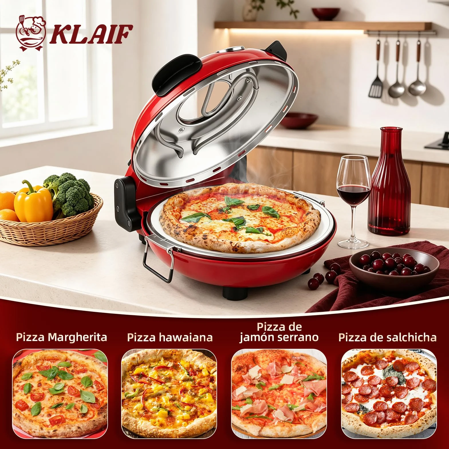 KLAIF Horno eléctrico para pizza 31 cm con piedra de cerámica, controles de temperatura ajustables, 4 herramientas, rojo