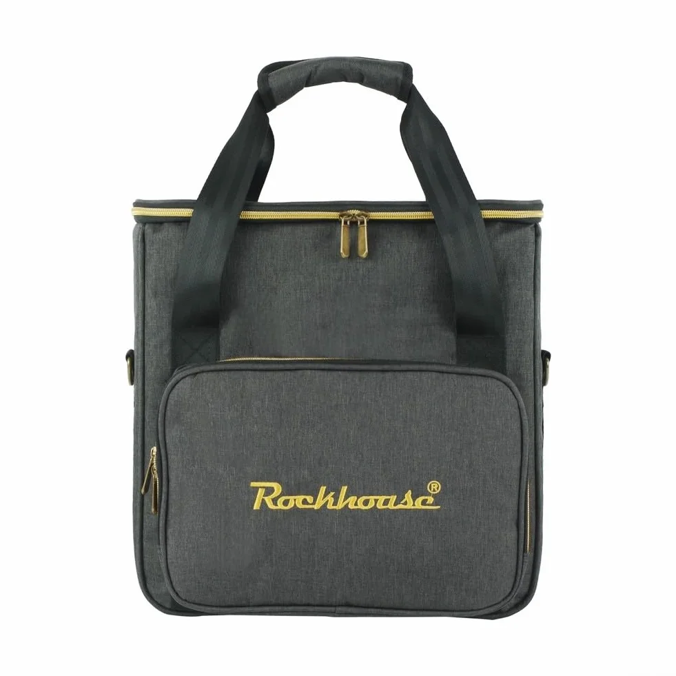Bolsa de almacenamiento de discos de vinilo, diseño resistente portátil con transporte de mano y correa para el hombro, funda de tela catiónica gris con acolchado de 8 mm, bolsillo externo para