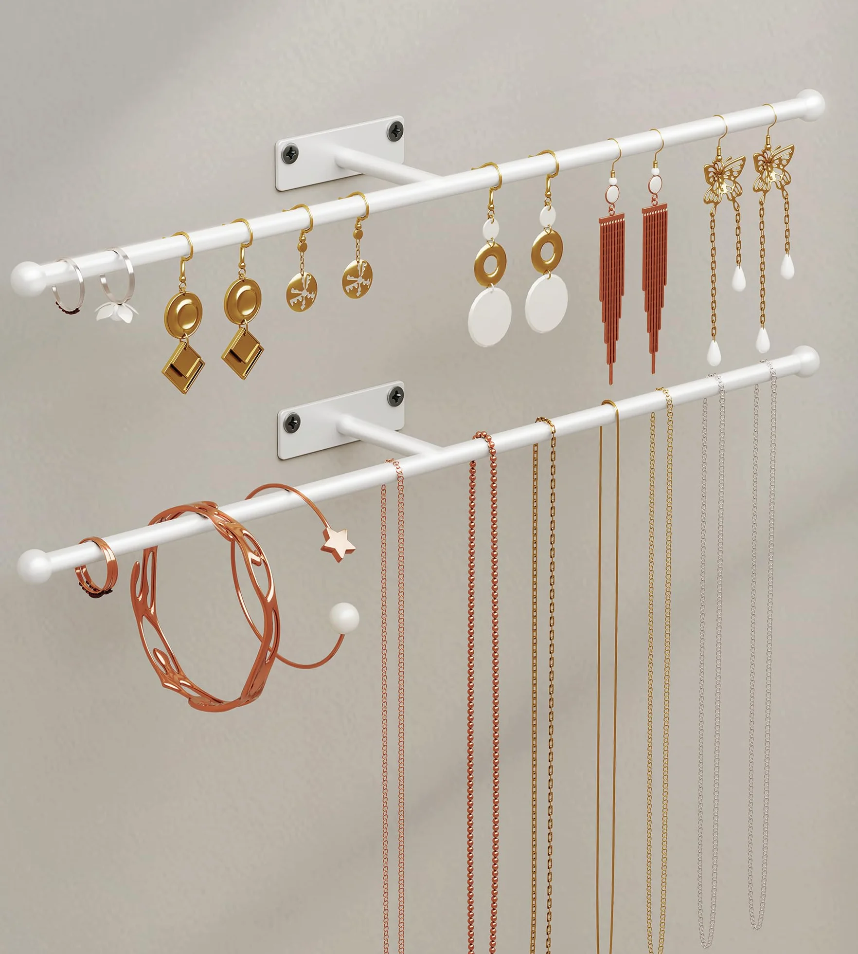 Josmimic Organizador de joyas para colgar en la pared: soporte de collar de 13.7 pulgadas para aretes, pulseras, anillos, diadema, gafas, color blanco, paquete de 2, tornillos incluidos