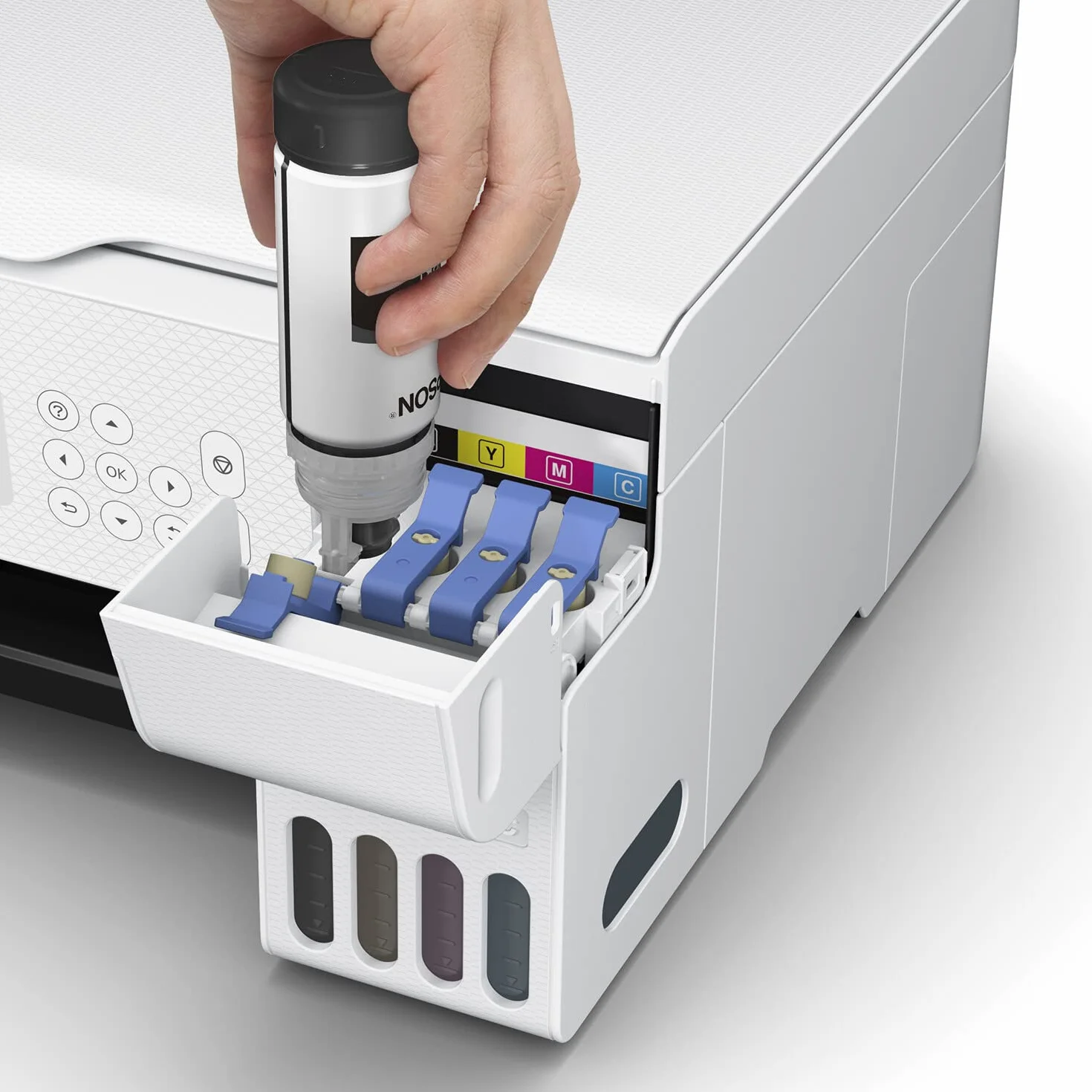 Epson EcoTank ET-2826, Impresora WiFi A4 Multifunción con Depósito de Tinta Recargable y Pantalla LCD, 3 en 1: Impresión, Copiadora, Escáner, Mobile Printing, Blanco