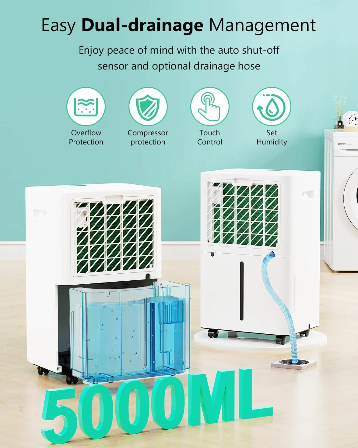 Deshumidificador 20L/Día Eléctrico con Compresor, 3 Modos, Silencioso, Bajo Consumo, Drenaje Continuo, Depósito 5L, Temporizador 24H