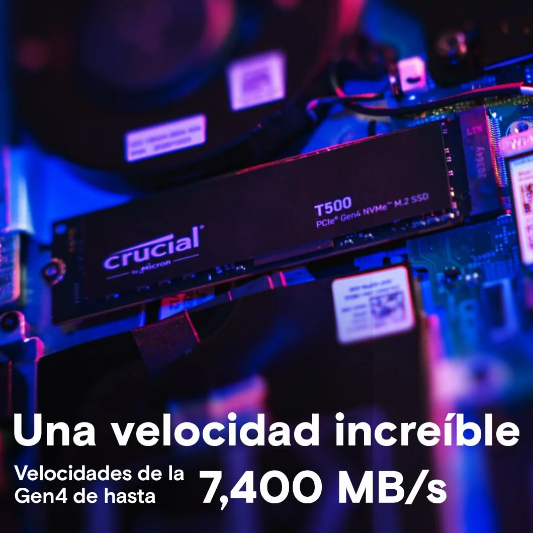 Crucial T500 SSD 1TB PCIe Gen4 NVMe M.2, hasta 7300 MB/s, TLC NAND, Compatible con Ordenador Portátil y de Sobremesa, Disco Duro Interno, Microsoft DirectStorage - CT1000T500SSD8