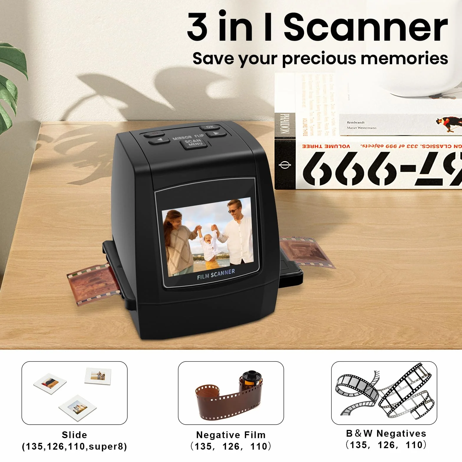 Escáner digital de diapositivas, escáner de diapositivas independiente y escáner negativo Convierte negativos y diapositivas de película de 35 mm, 126, 110, Super 8 y 8 mm en imágenes JPEG, pantalla
