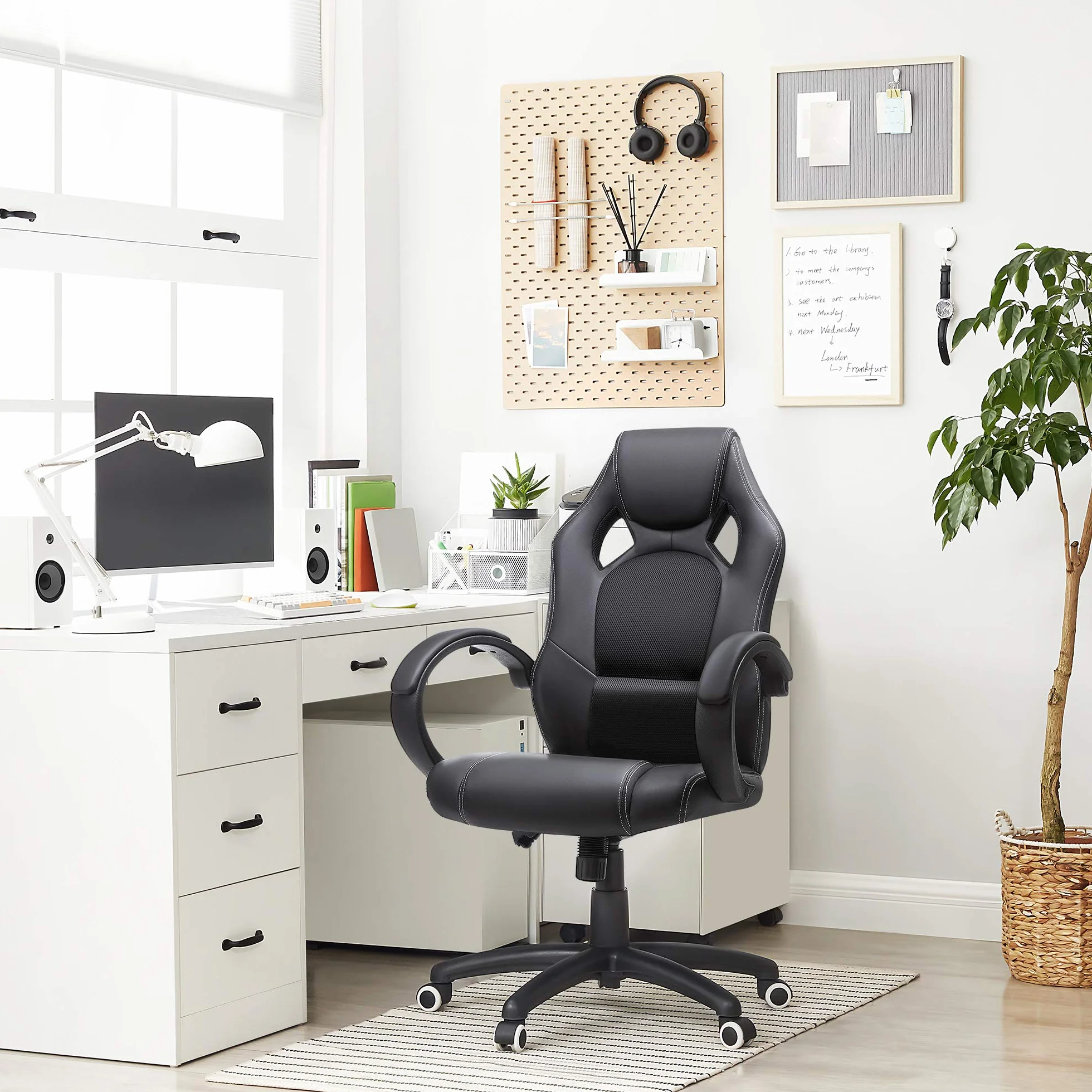 SONGMICS Silla de Escritorio Ergonómica Regulable con Ruedas OBG56B Negro