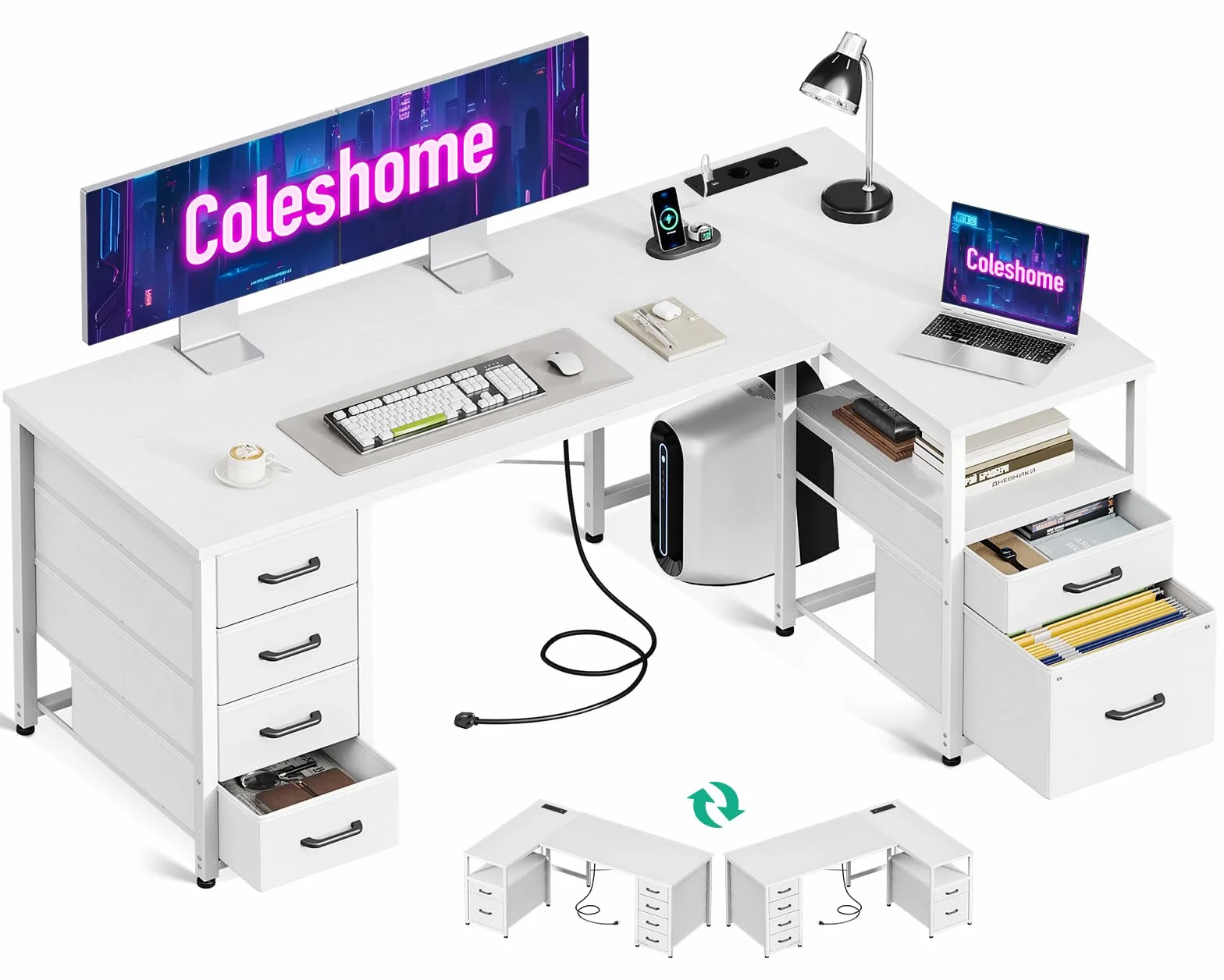 Coleshome Escritorio Esquinero con Cajones de Tela, 140x80cm Reversible Escritorio en L con Cajón para Archivos, Mesa Escritorio para con Puerto de Carga USB y Toma de Corriente, Blanco