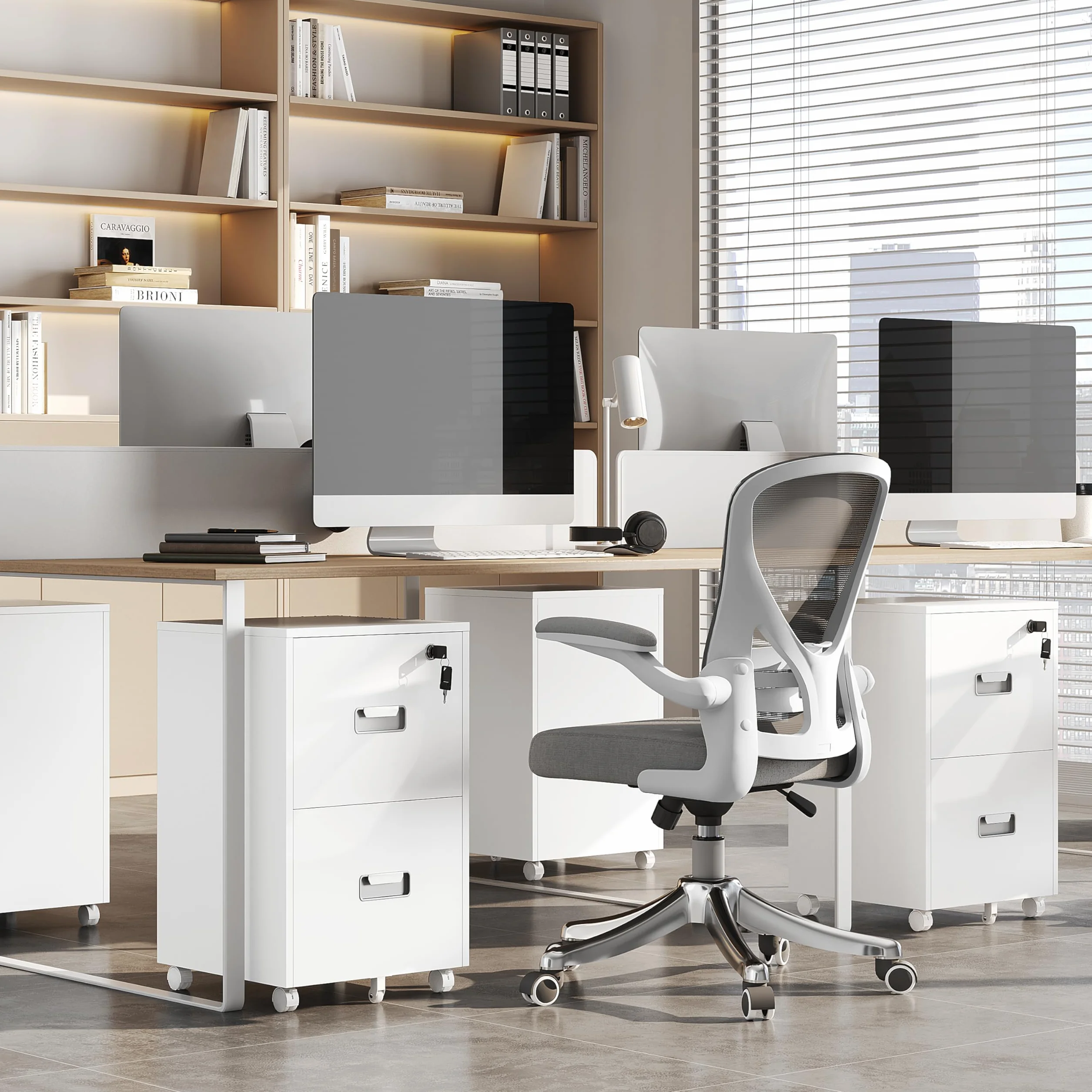 Yaheetech Cajonera Oficina Móvil 2 Cajones Cerradura Mueble Archivador Ruedas Frenos Barras Colgantes Ajustables Carpetas A4 Carta 40x40x66,5 cm Blanco