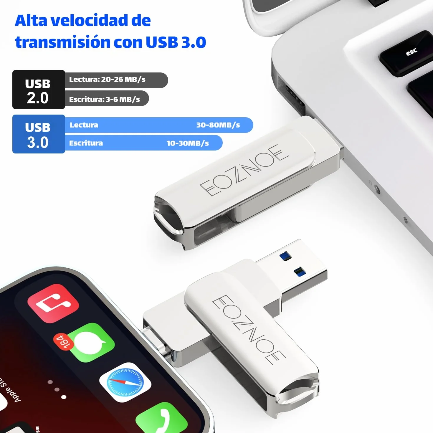 Pendrive 256GB para iPhone, Phone Memoria USB Almacenamiento Externo para Guardar Más Fotos Vídeos, 3 en 1 Memoria Externa de Alta Velocidad Compatible con Phone/Pad/Android/PC