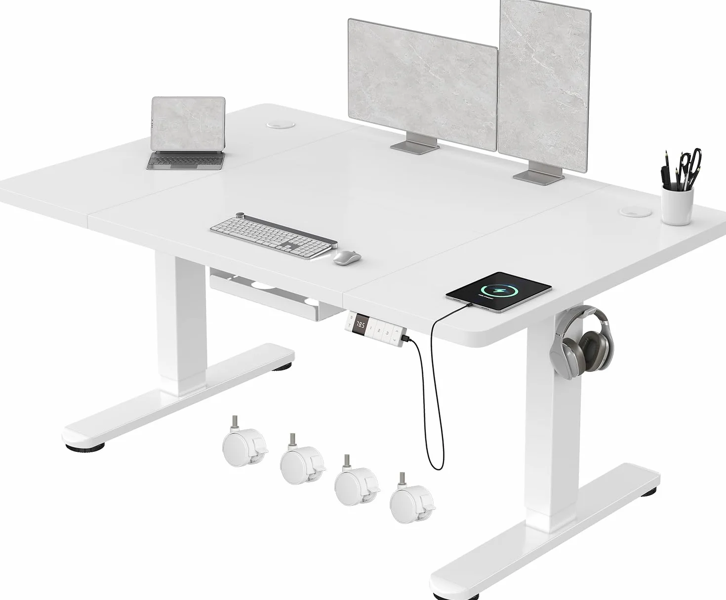 Devoko Escritorio Elevable 120x80cm con Tablero de 18 mm, Ruedas y Puerto Type-C, Escritorio Eléctrico, Regulable en Altura con Bandeja de Gestión de Cables (Blanco)