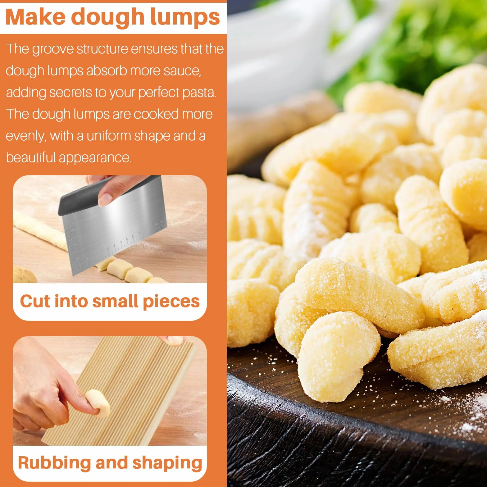 Tabla de madera para hacer gnocchi con palitos, rueda y tarjeta de masa