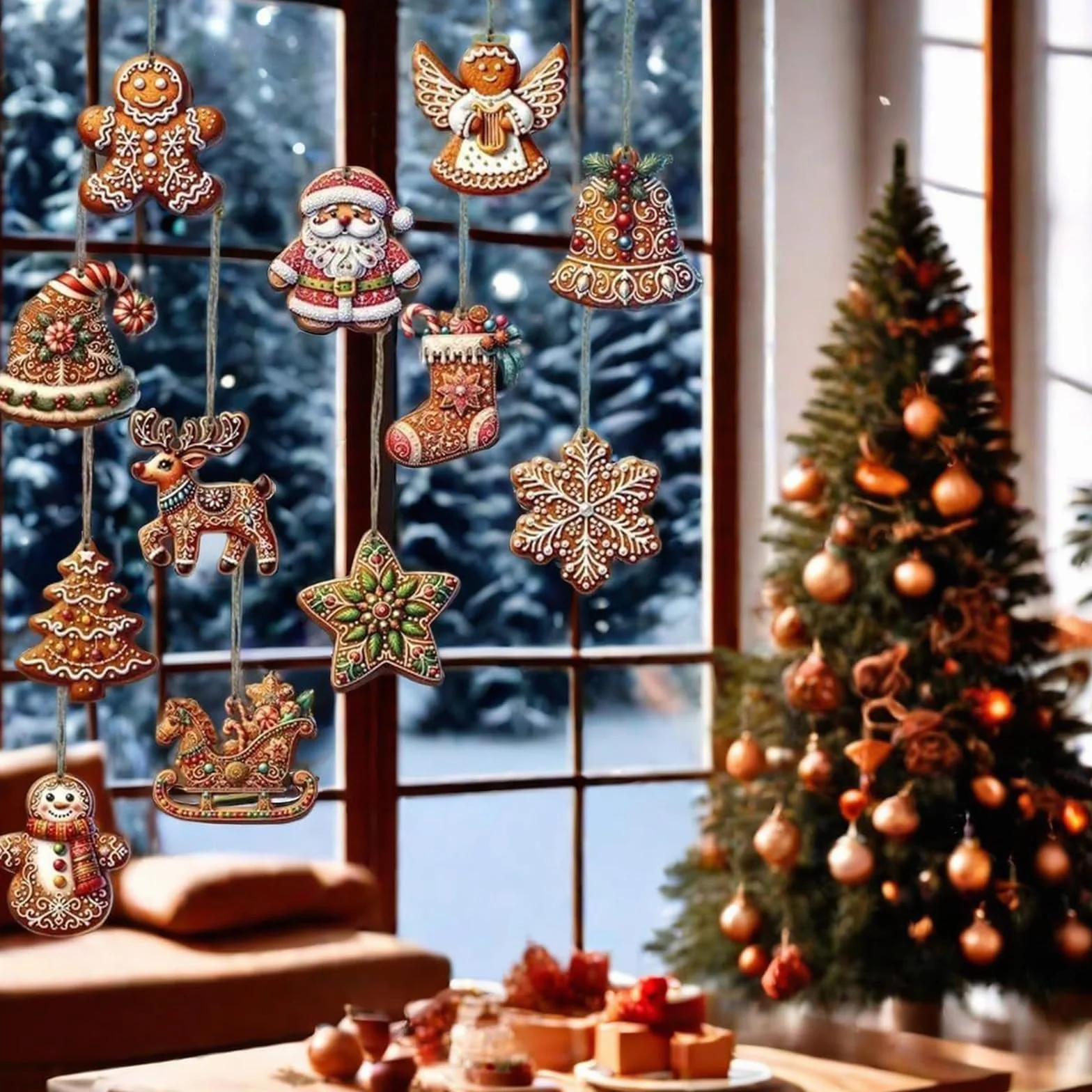 Adornos Arbol Navidad de Madera 24 Piezas con Soga Papá Noel Reno Ángel Estrella Christmas Tree Decorations