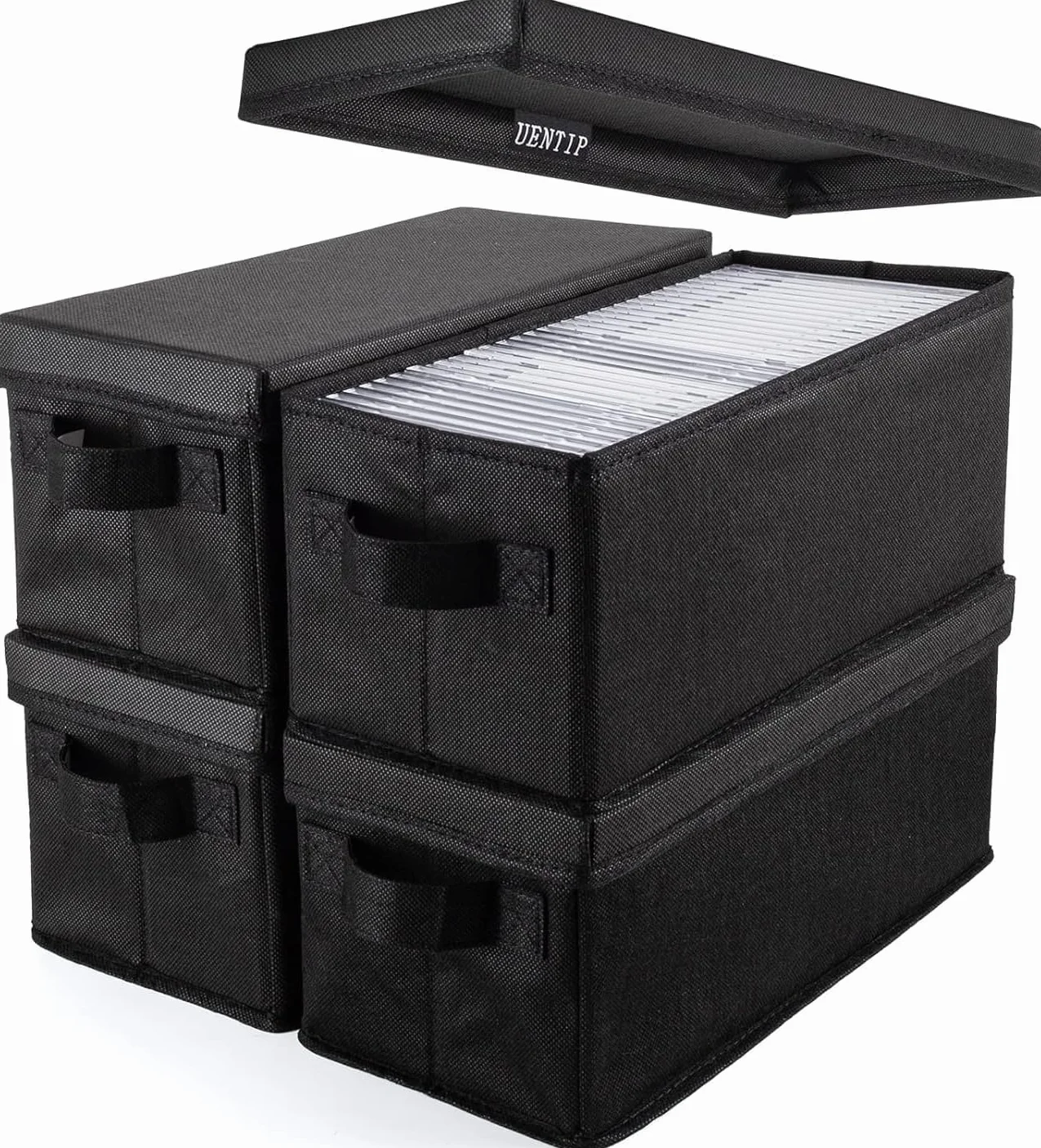 UENTIP Caja de almacenamiento para CD: 33,5 x 15 x 13,5 cm, capacidad para 30 CD en estuches completos, 60 CD en fundas delgadas y 165 CD en caja de CD, color negro (4 unidades)