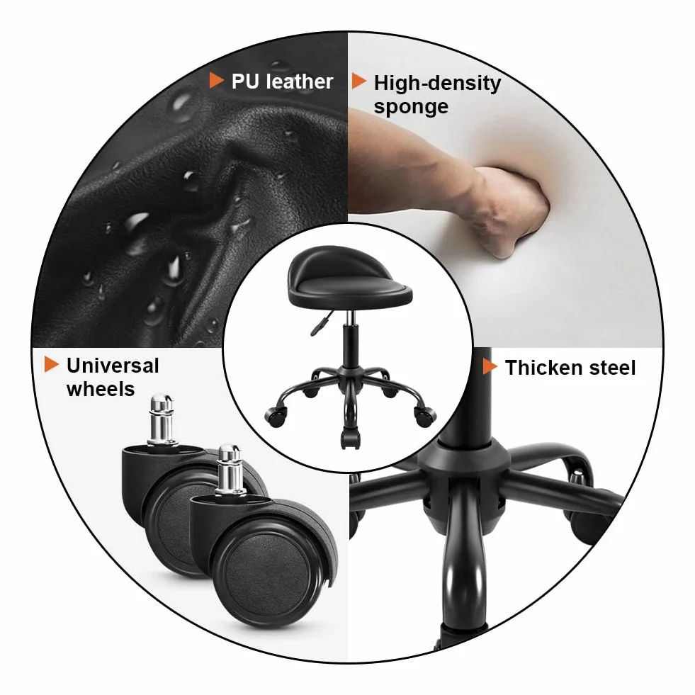 KKTONER Taburete rodante con Respaldo, Altura Ajustable, Silla Giratoria, Piel sintética, Pequeño (Negro)