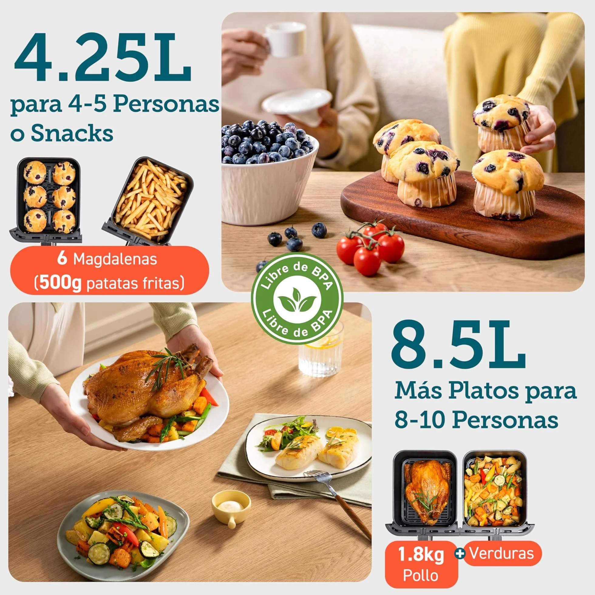 Cosori Freidora de Aire Grande 8,5 Litros Doble Cesta con Ventana Multifunción 10 en 1 Alta Potencia Bajo Ruido