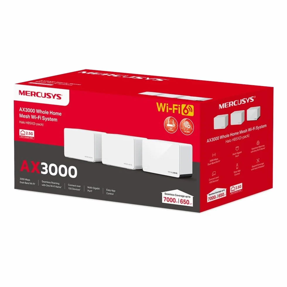 Mercusys Halo H85X (3-Pack) – Sistema Mesh Wi-Fi 6 AX3000, Cobertura de hasta 650 m², 2.5 Gbps WAN/LAN, gestión con App MERCUSYS