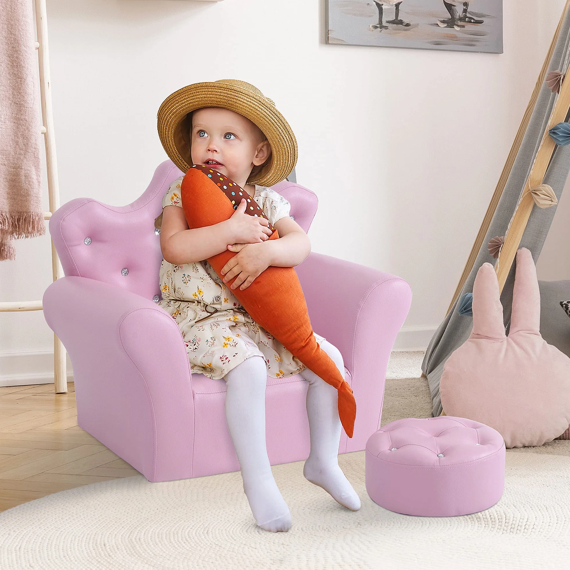 HOMCOM Sofá Infantil con Reposapiés, Sillón Decorativo Respaldo Corona, 58x40.5x49 cm Rosa