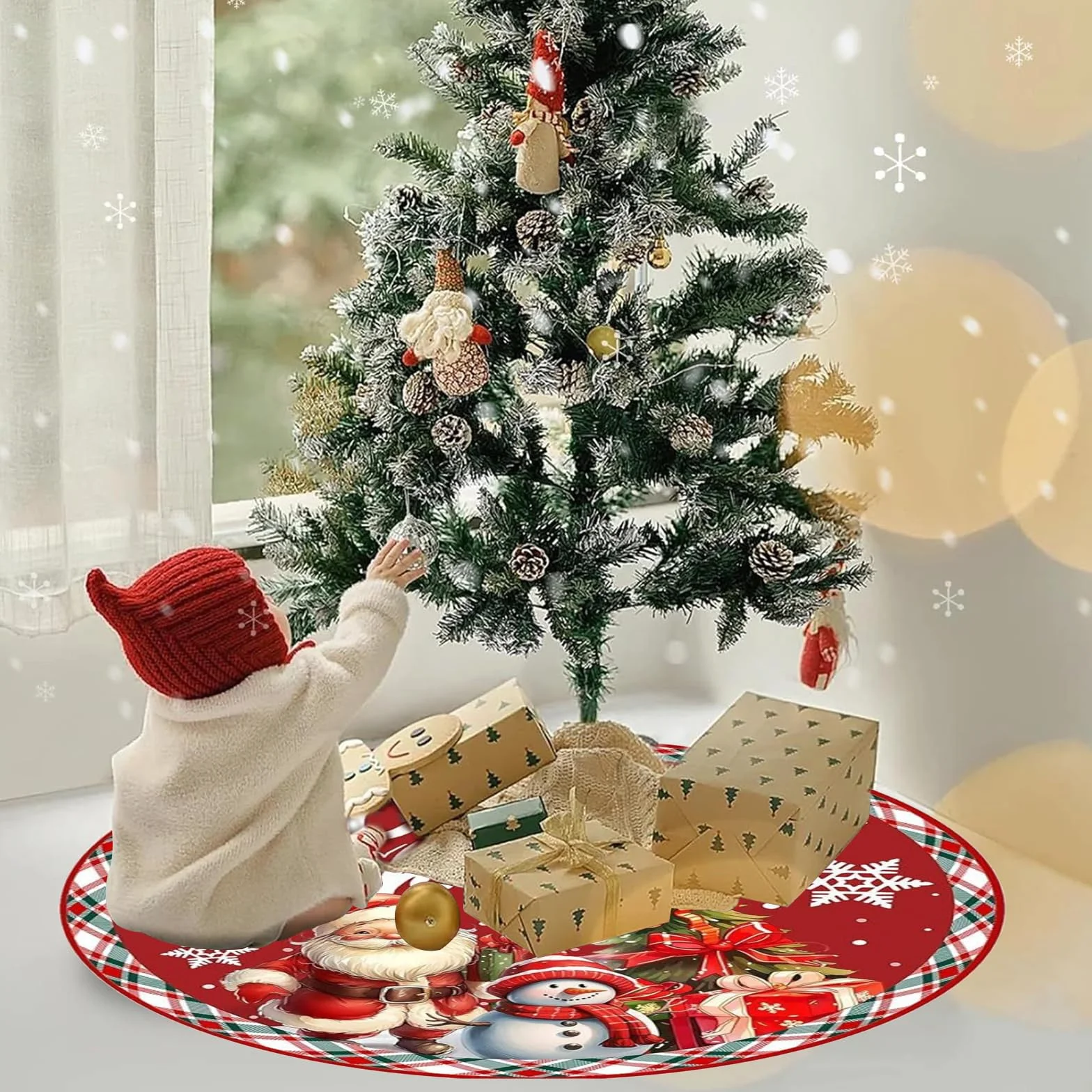 Falda de Árbol de Navidad 90cm Redonda Muñeco de Nieve Base Manta Pie Casa Decoración Navidad