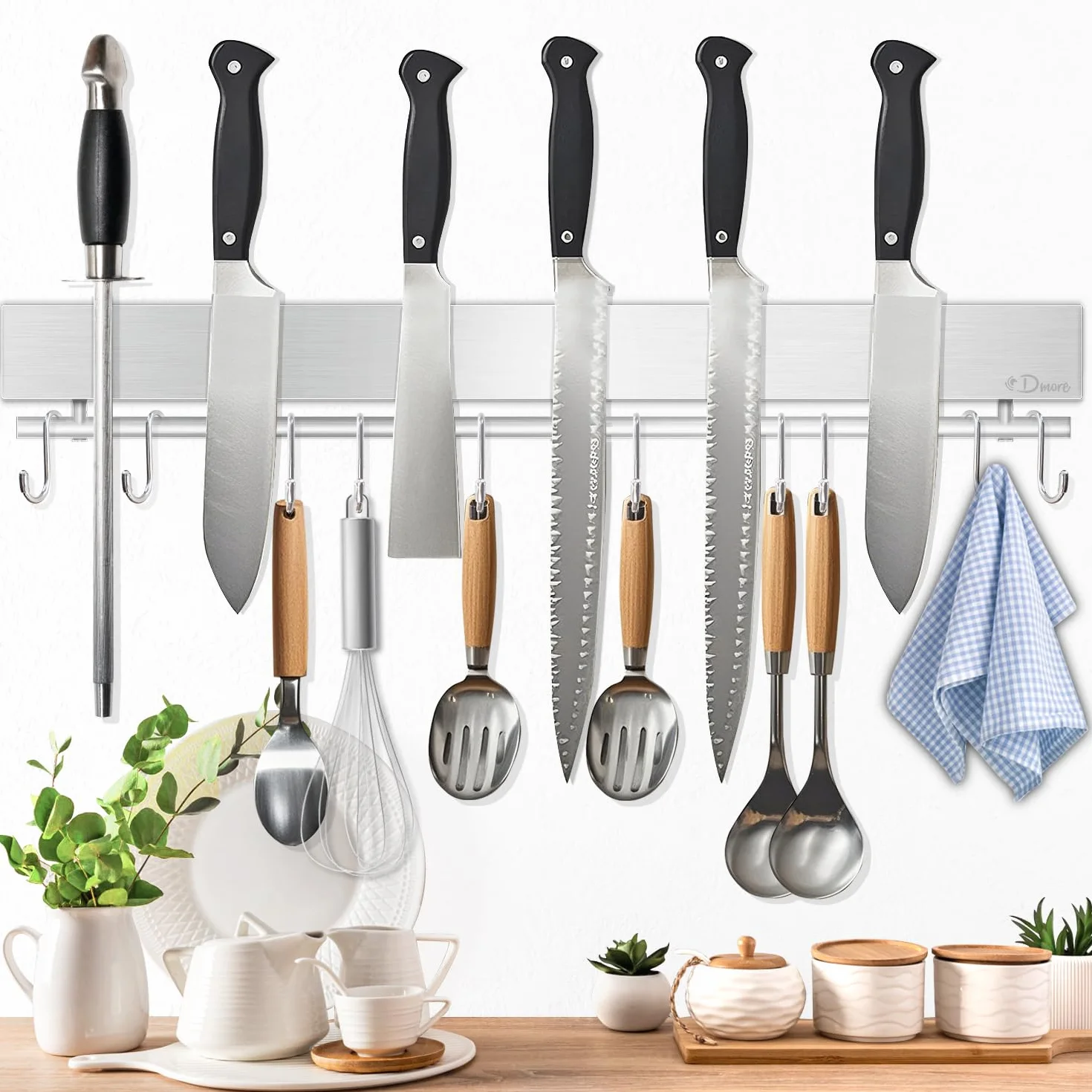 Barra magnética para cuchillos 43 cm acero inoxidable imán extrafuerte 10 ganchos