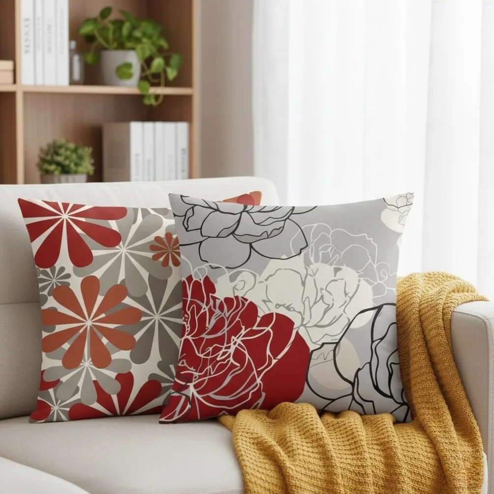 Fundas de Cojín 45x45 cm Lino Natural Blanco Diseño Margaritas Gris Rojo Transpirables Resistentes para Sofá