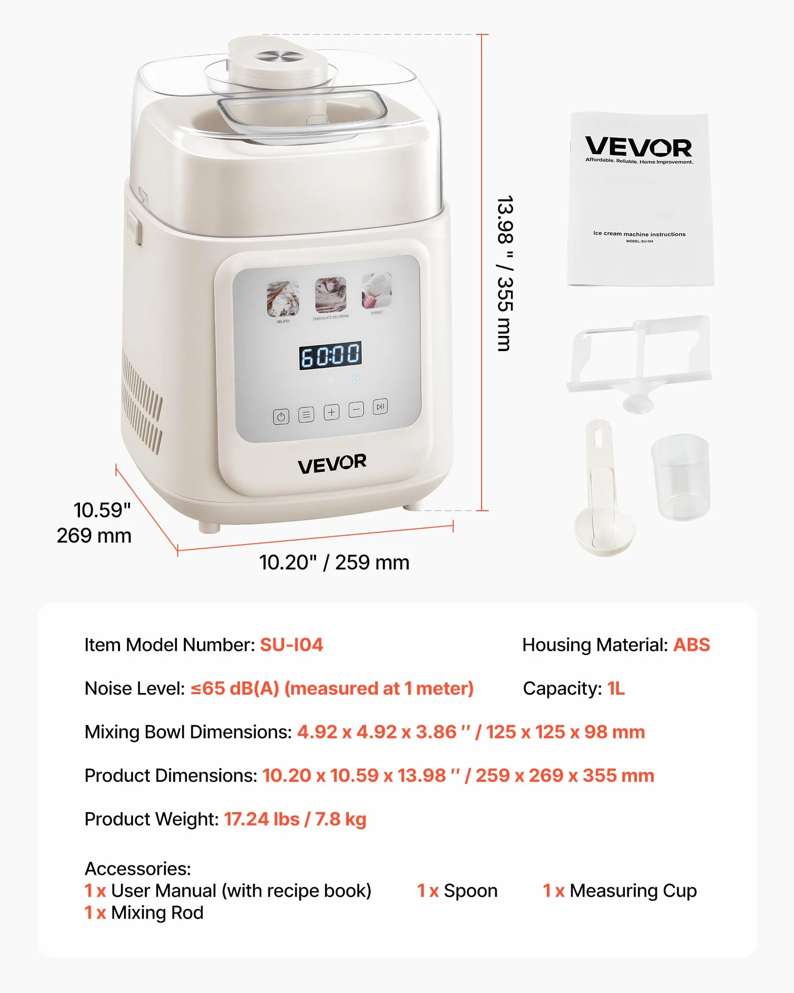 VEVOR Máquina para Hacer Helados 1 L con Compresor Incorporado Heladera Automática Vertical 4 Modos