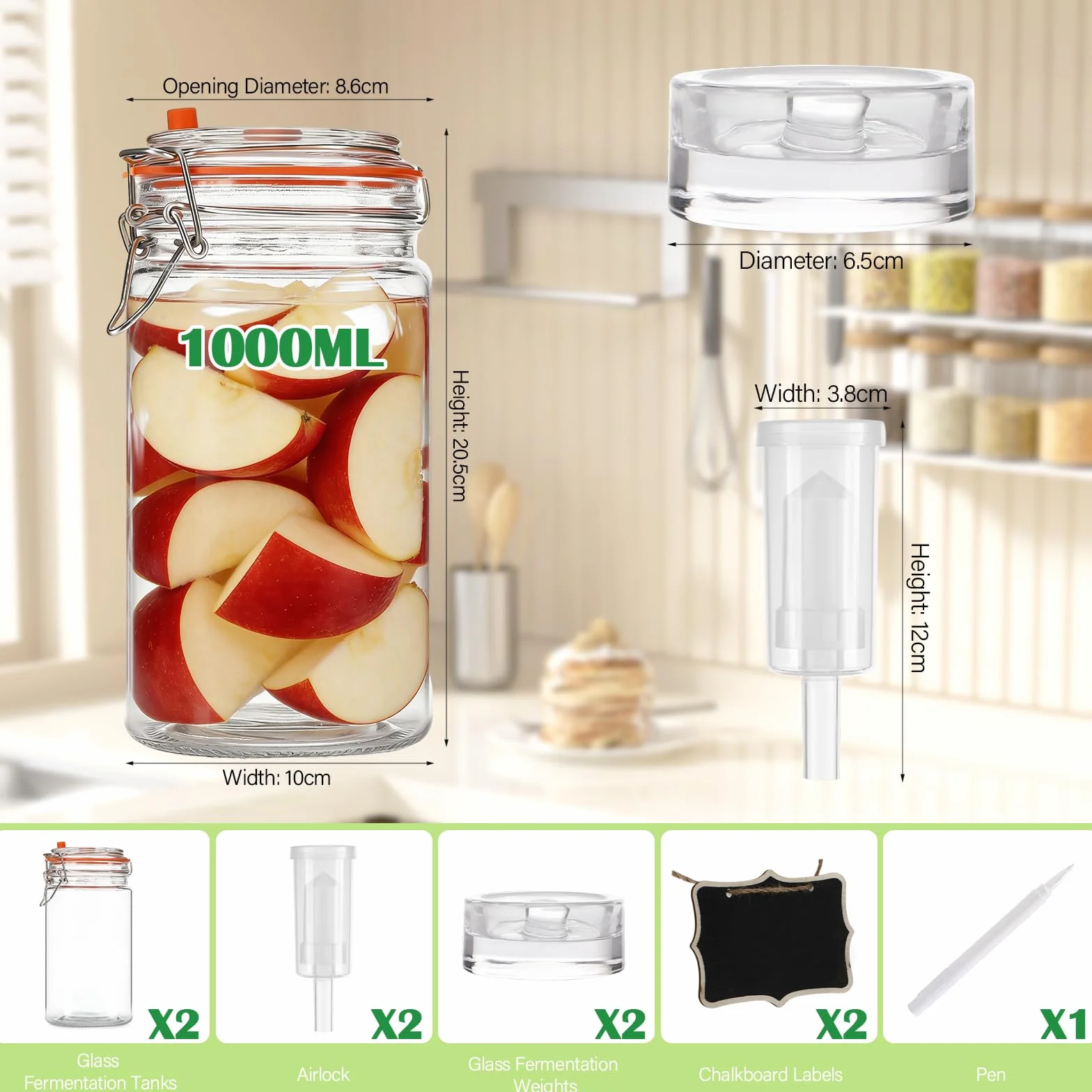Tarros de Fermentación 1000ml con Cierre de Aire y Pesos, Cristal Transparente para Kimchi, Kombucha