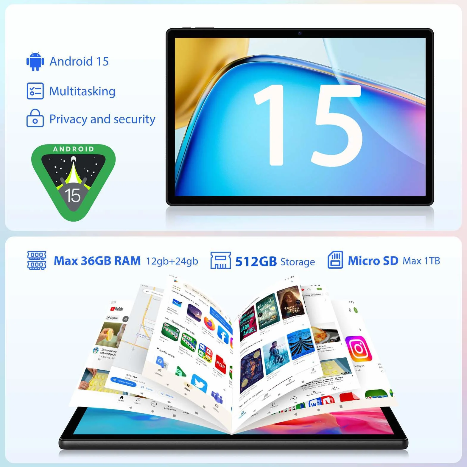 2K Android 15 Tablet 14 Pulgadas, 36GB RAM, 512GB ROM (2TB Expansion), 4G SIM LTE & 5G WiFi, 2000 * 1200FHD, 11580mAh, Octa-Core 2.0GH, 13MP+8MP, Tablet con Teclado/GPS/Bluet 5.0(Negro)
