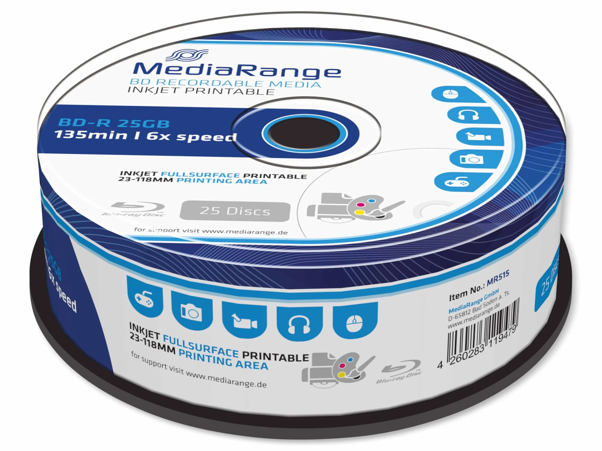 MediaRange BD-R 25GB 6X Velocidad de Escritura, Superficie Completa imprimible (Impresora de inyección de Tinta), Caja de Pastel de 25 Piezas